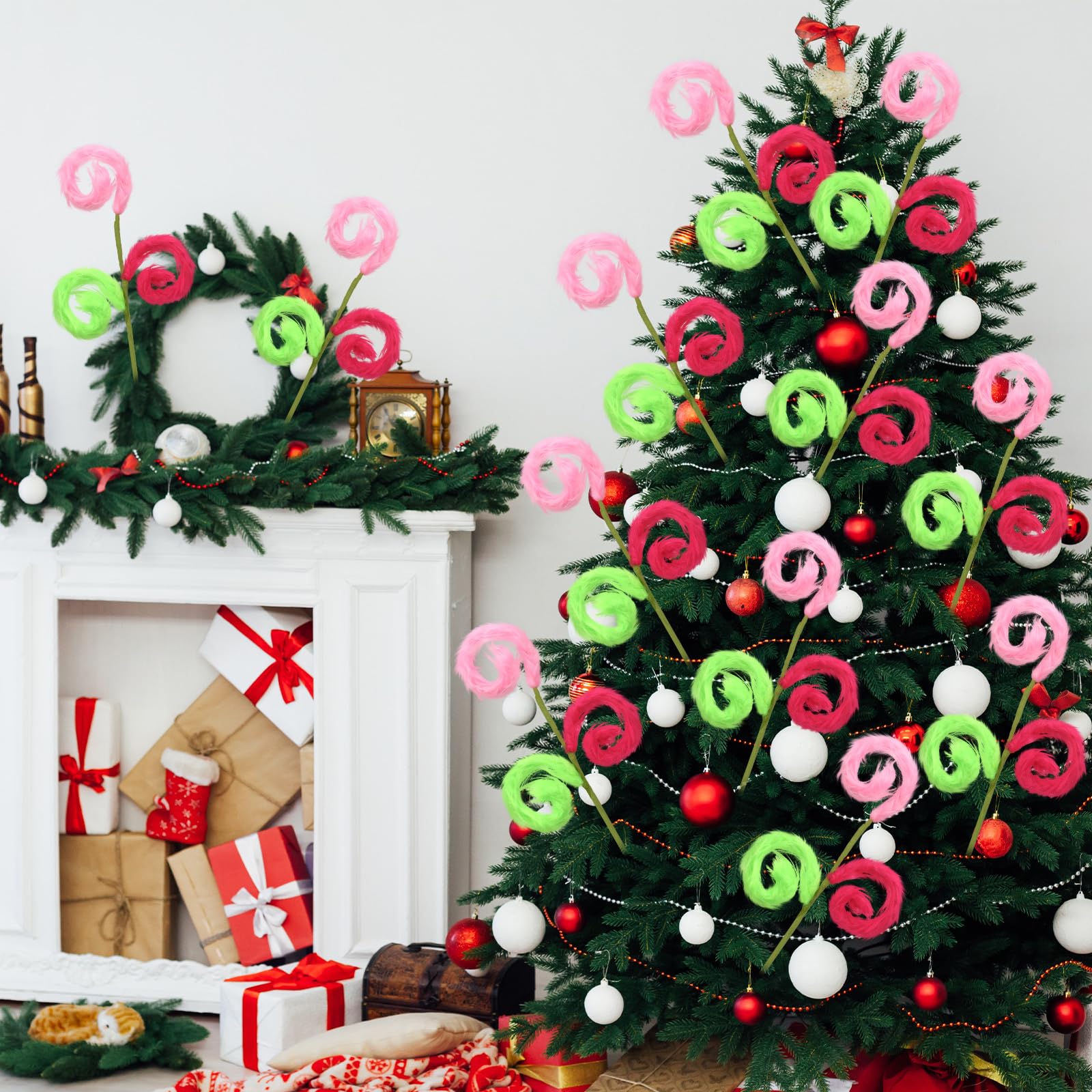 XunYee 6 Pcs Christmas Tree Picks 17in Pink and Lime Green Furry Christmas Tree Topper Spiral Curly Picks Pink and Green Furry T