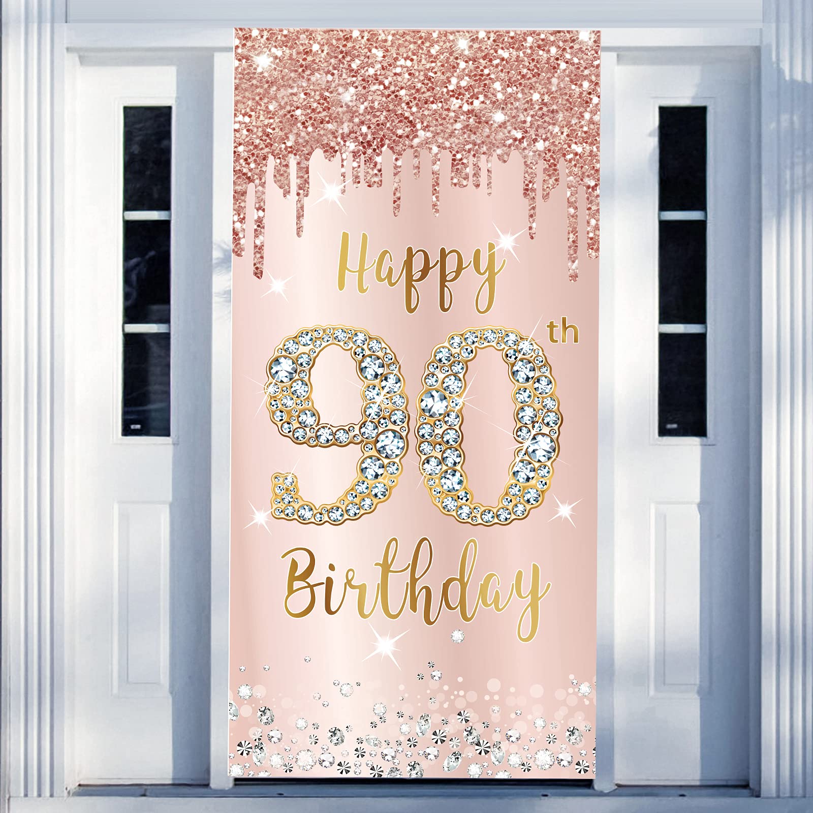 90Th Birthday Door Banner Decorations For Women, Pink Rose Gold Happy 90Th Birthday Door Cover Backdrop Party Supplies, Large 90