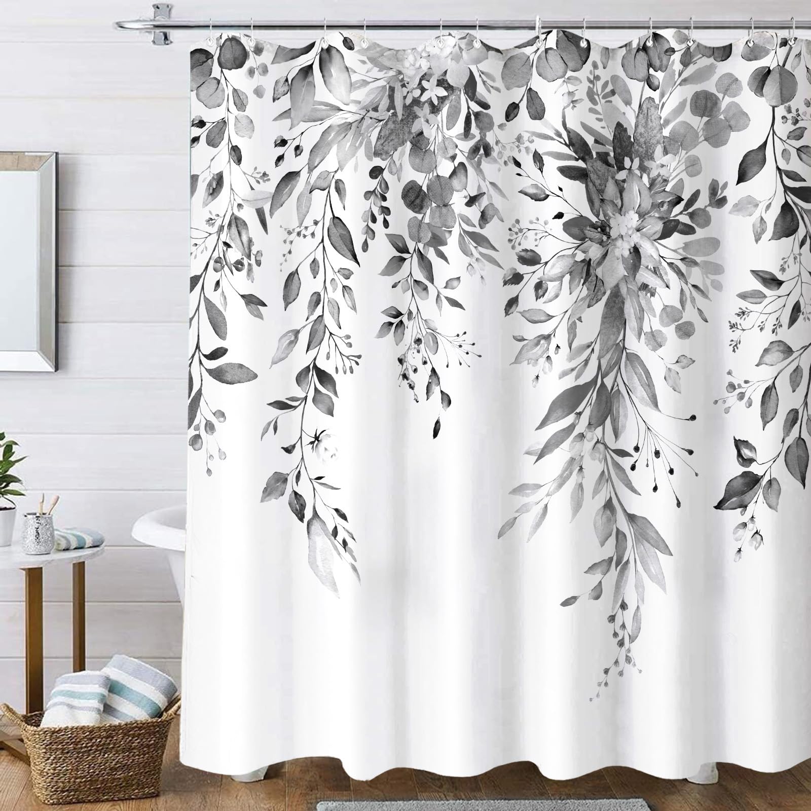 Zussun 84 Inch Extra Long Gray and White Eucalyptus Shower Curtain Watercolor Grey Floral Plant Leaf Shower Curtains for Bathroom Flower Waterproof Fabric Bath Curtain with Hooks (Black  72'' x 84'')