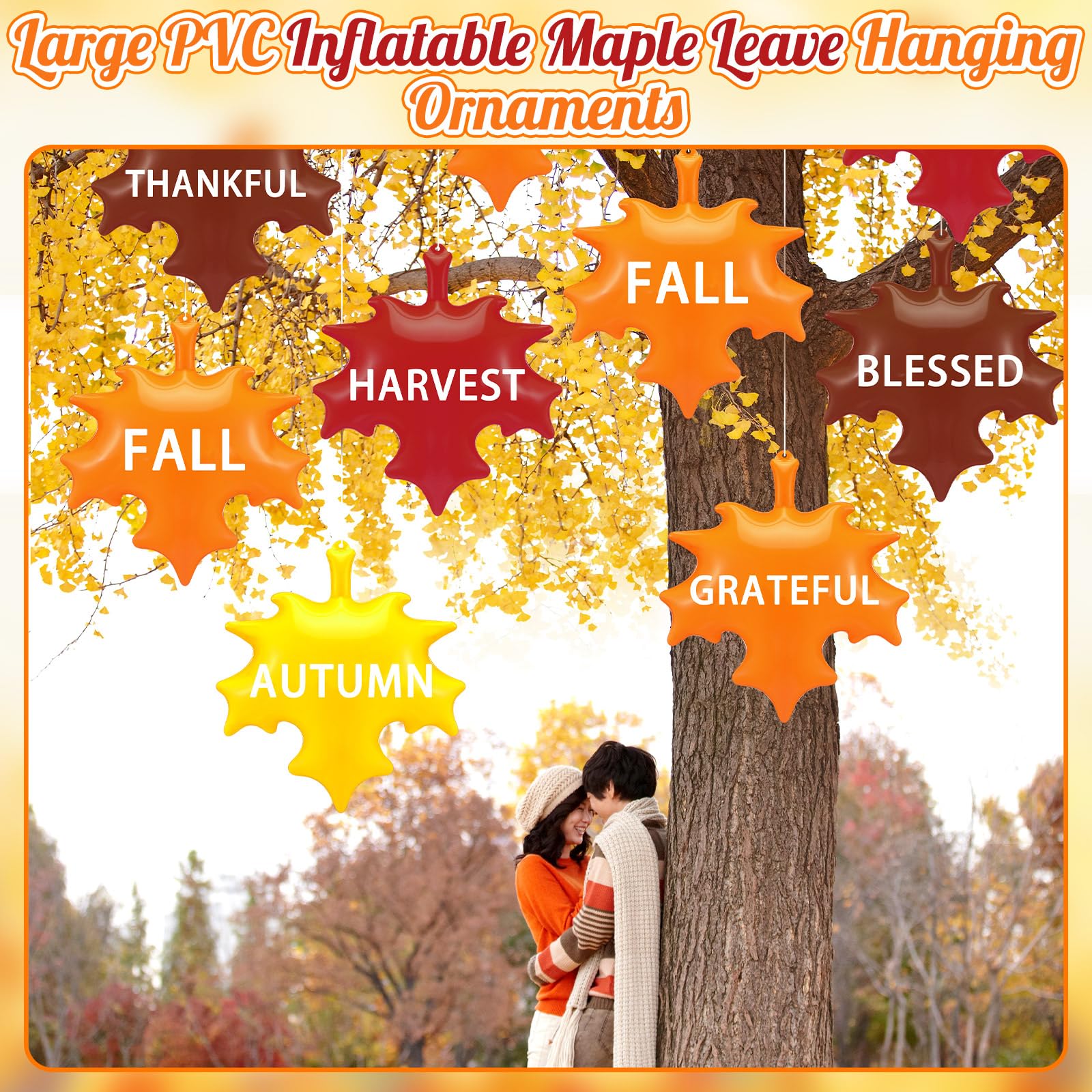 Leyndo 12 Pieces 14 Inch Thanksgiving Fall Inflatable Maple Leaf Outdoor Decorations Autumn Maple Leaf Inflatable Hanging Orname