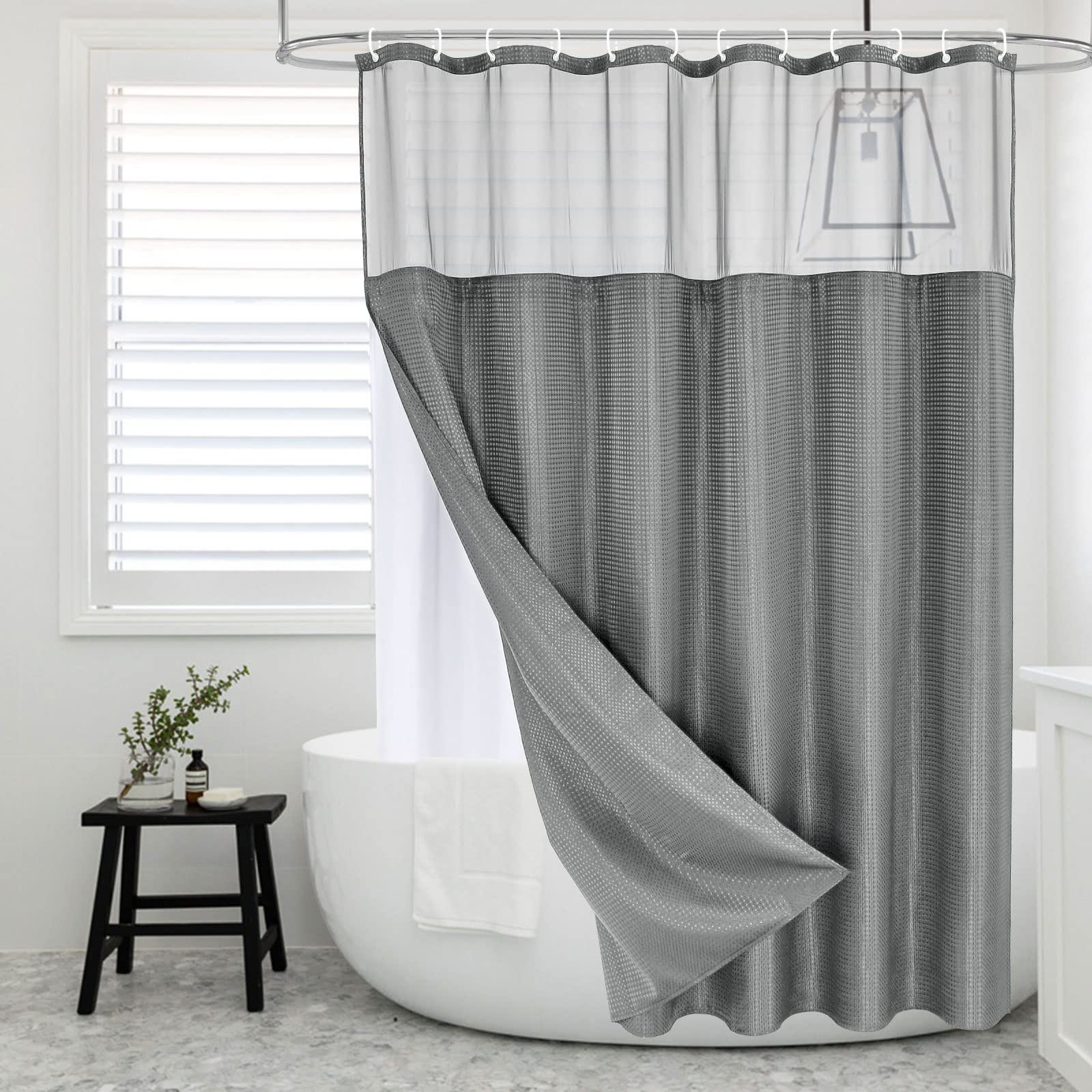 Mitovilla Grey Waffle Shower Curtain Set With Snap-In Liner, Modern Waffle Weave Fabric Shower Curtain, Luxury Heavy Duty Cloth