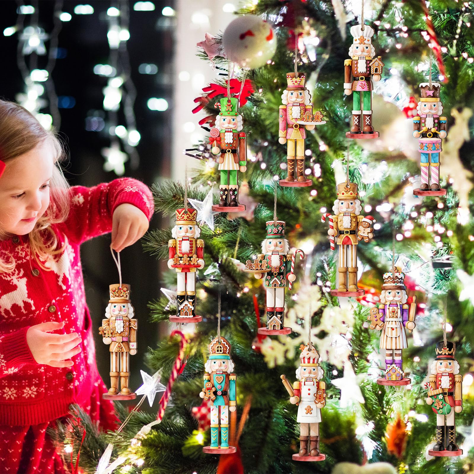 Quzzil 36 Pcs Christmas Nutcracker Ornaments for Tree Mini Wooden Xmas Soldier Hanging Nutcrackers Figures Tree Decoration with