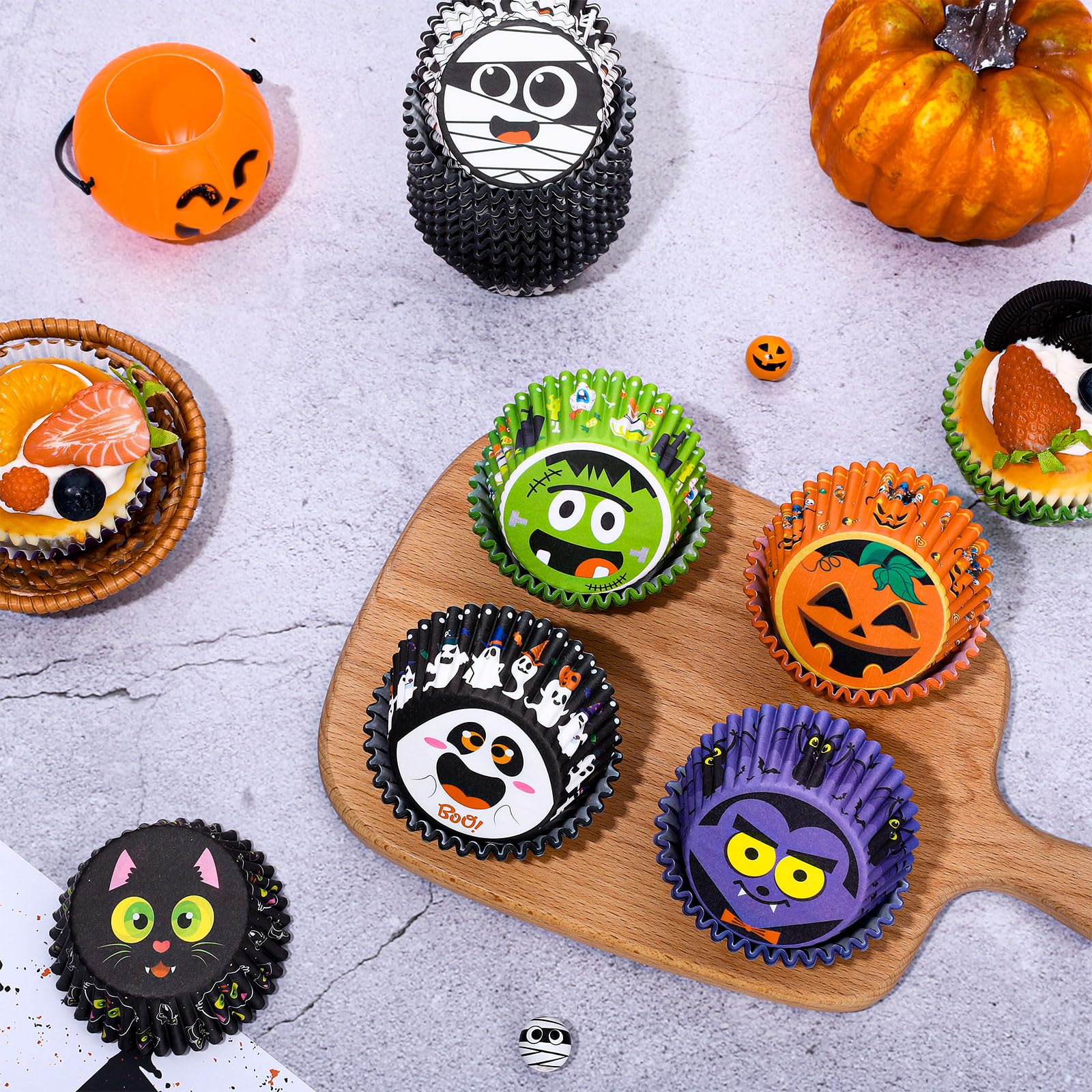 Anydesign 600Pcs Halloween Cupcake Liners Baking Cups Pumpkin Ghost Mummy Frankenstein Vampire Black Cat Pattern Cupcake Wrapper