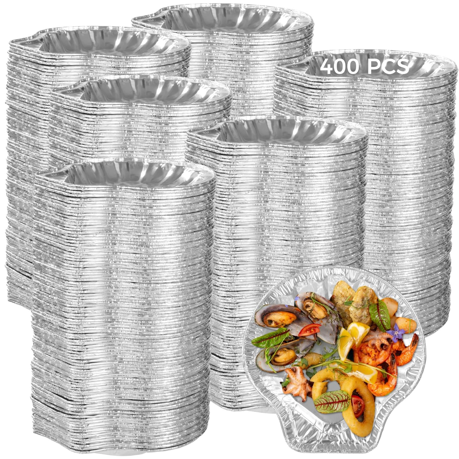 Homaisson 400 PCS Disposable Aluminum Foil Clam Shell Trays for Seafood, Mini Oyster and Scallop Shell Pans, Perfect for Barbecu