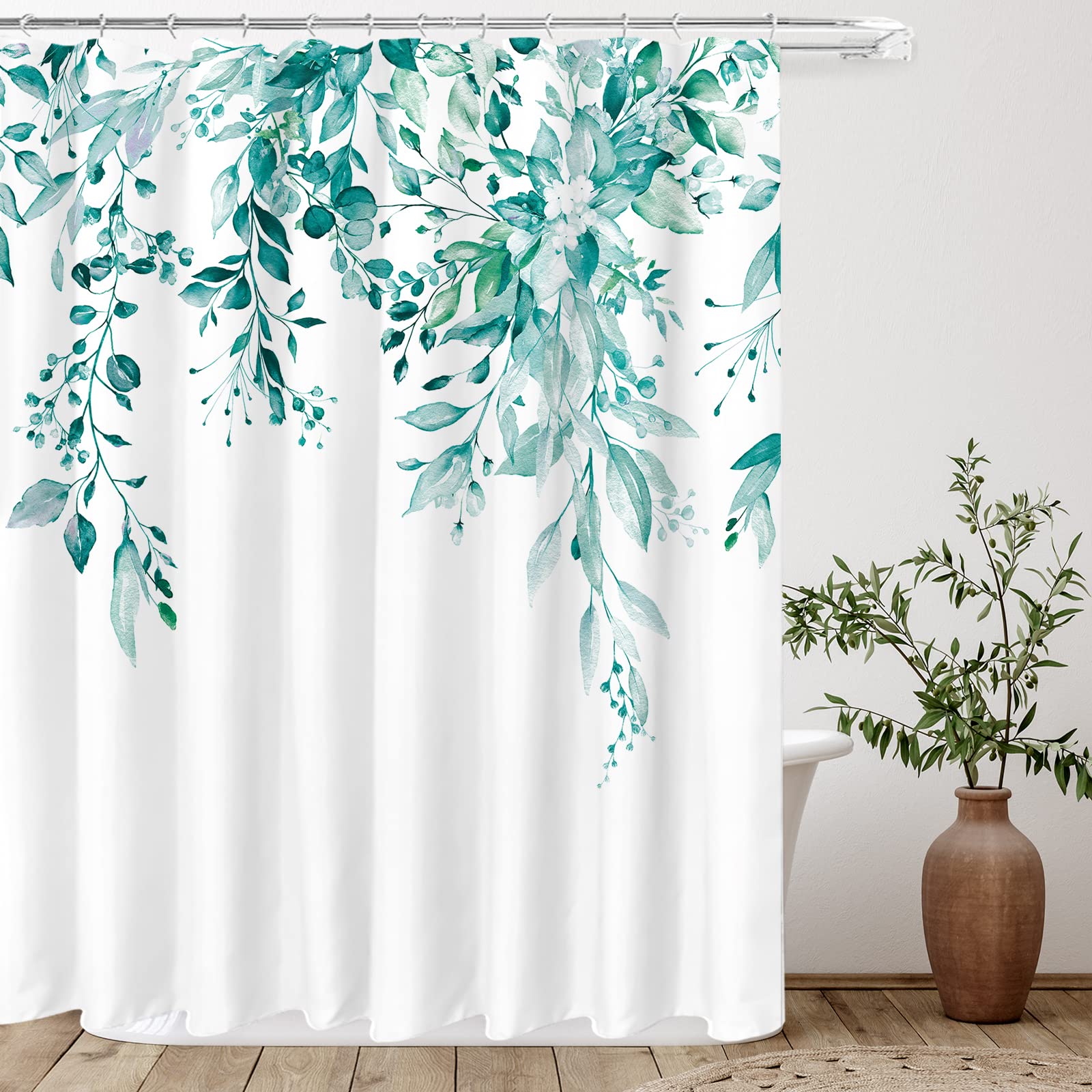 Tititex Teal Eucalyptus Shower Curtain Sets, Watercolor Turquoise Leaves On The Top Plant With Floral Bathroom Decoration 72X84