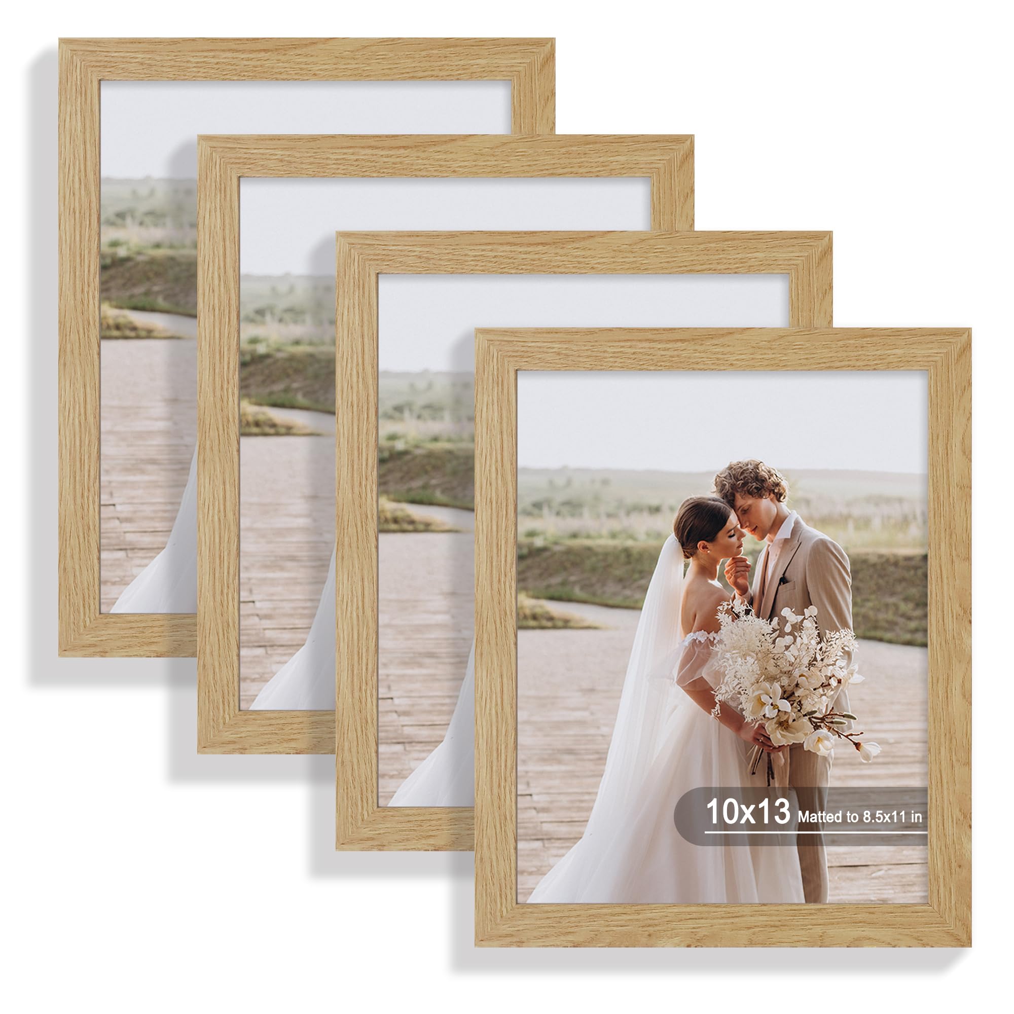 Hongkee 10x13 Picture Frame Set of 4, Made of Real Glass and Natural Oak Frame, 10 by 13 Photo for Wall or Tabletop - Display Pi