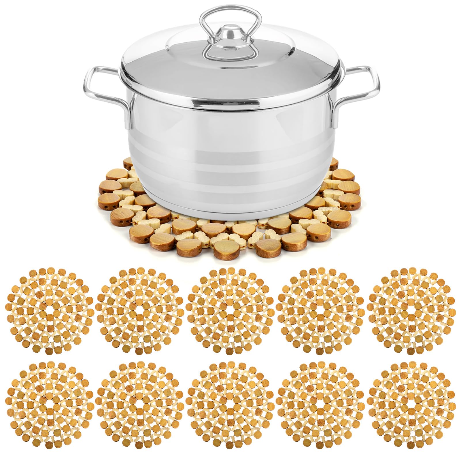 Avla 10 Pack Bamboo Trivets For Hot Dishes, Heat Resistant Kitchen Hot Pads, 8.3 Inch Natural Bamboo Trivet Mat Set For Teapot,