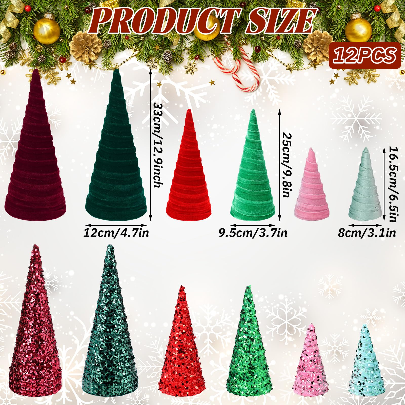 Ireer 12 Pcs Christmas Velvet Trees Set Various Size Velvet Cone Modern Decorations Indoor Table Tree Centerpiece Minimalist Xma