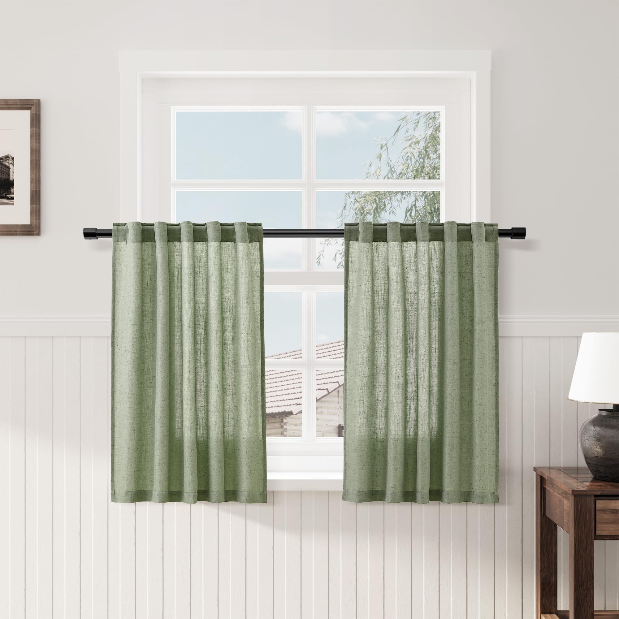 Light Sage Kitchen Linen Curtains 36 Inch Length 2 Pack Privacy Light Filtering Linen Short Drapes with Rod Pocket Back Tab for 