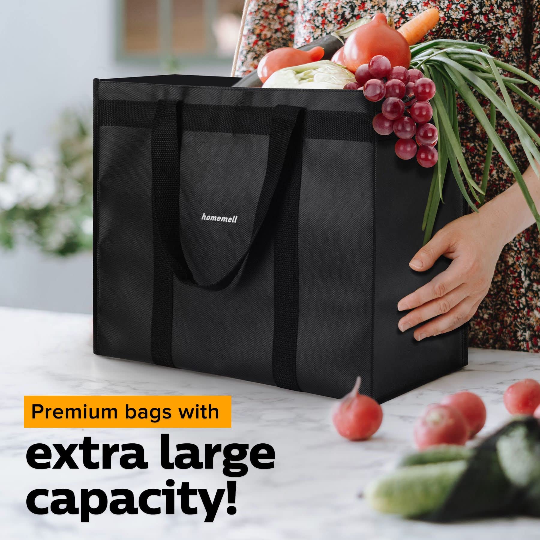 Homemell Heavy Duty Reusable Grocery Bags, Extra Large Collapsible Tote Bag Holds 100 Lbs, Extra-Strength Premium Material (Blac
