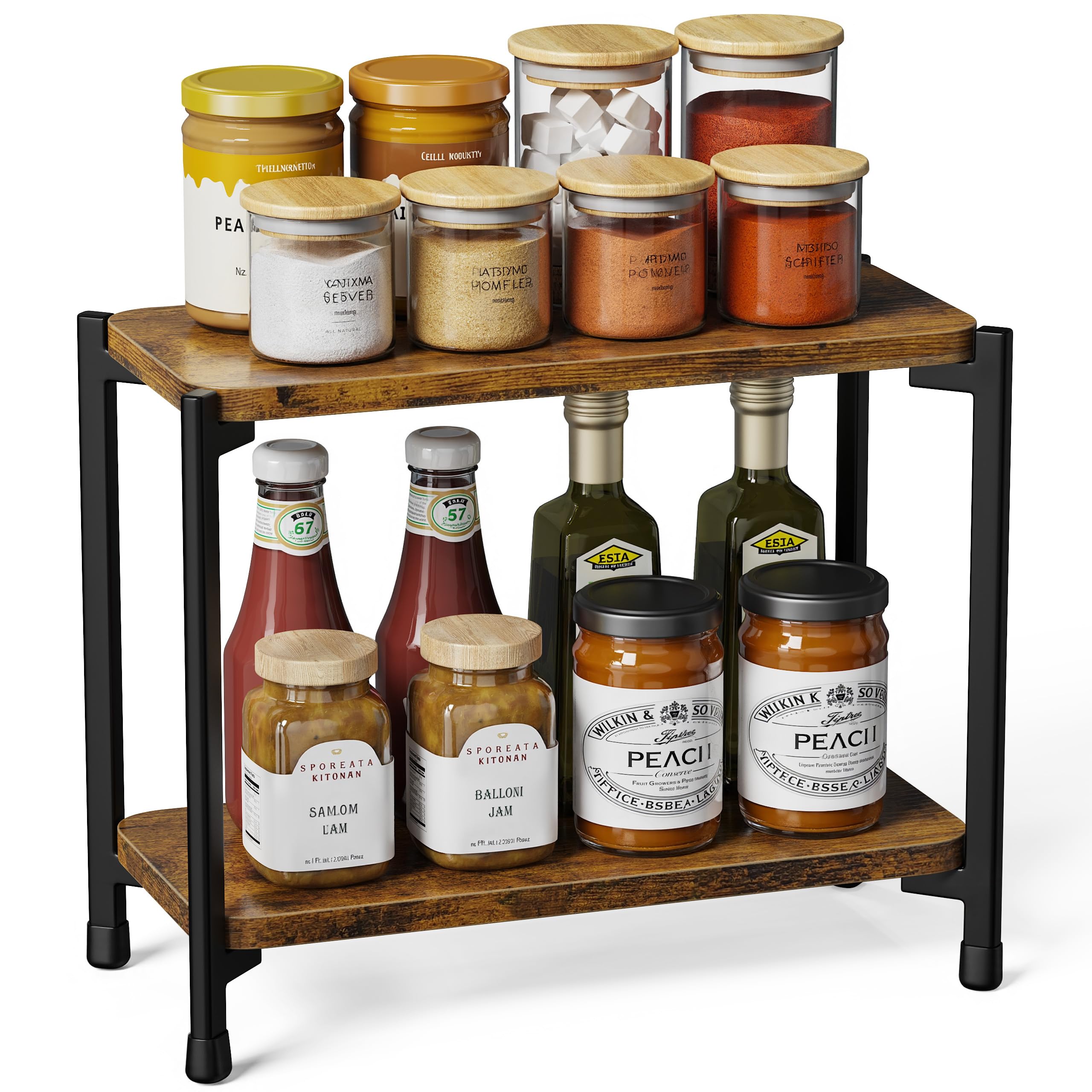 pickpiff 2 Tier Spice Rack Organizer for Kitchen Countertop, Wood and Metal Seasoning Shelf, SpaceSaving Spice Organizer for Ki