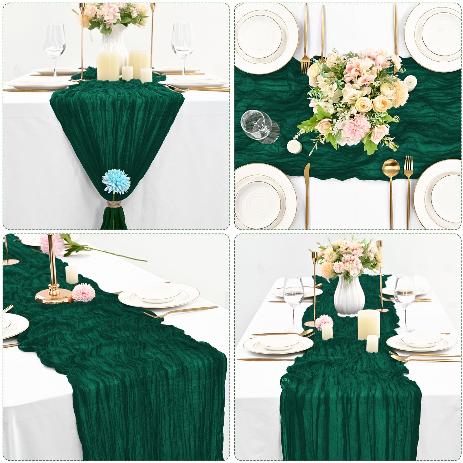 10 Pcs Dark Green Cheesecloth Table Runner 10Ft, Gauze Table Runner For Wedding Reception Sheer Bridal Shower Birthday Party Boh