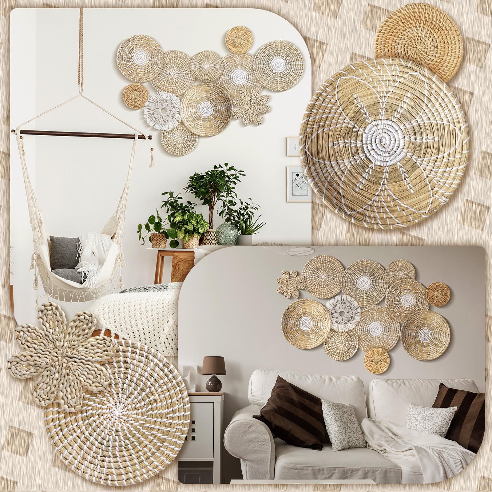 Xuhal 11 Pcs Boho Hanging Wall Basket Decor Handmade Woven Basket Wall Decorative Boho Wicker Baskets Placemats Round Farmhouse