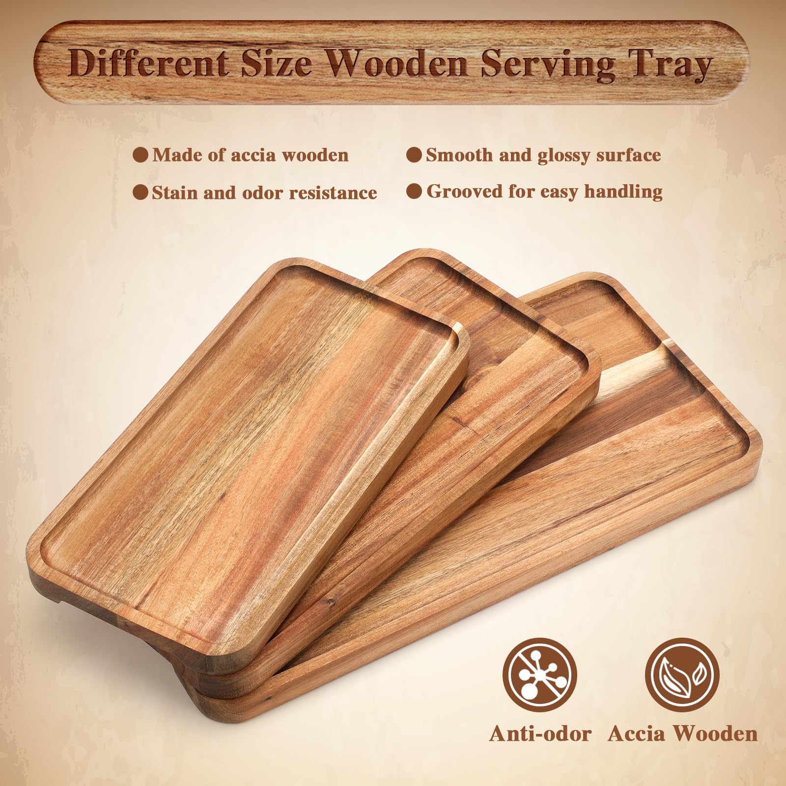 Leinuosen 3 Set Acacia Wooden Serving Platter Solid Wood Serving Trays Rectangular Charcuterie Boards Steak Wooden Plates For En