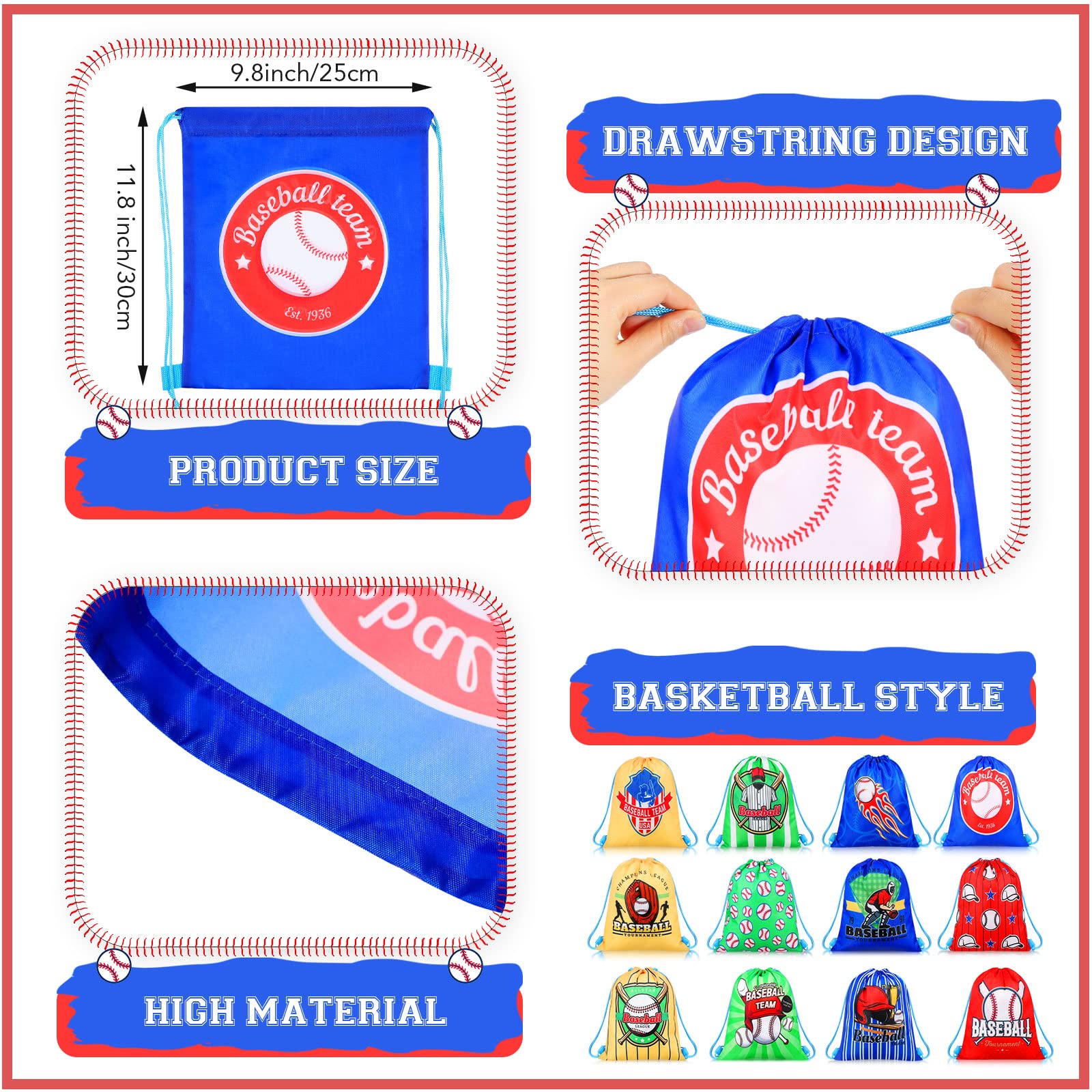 12 Pieces Baseball Party Favor Sports Drawstring Present Bags Travel Baseball Goodie Bags 12 Styles Backpack Baseball Candy Bags