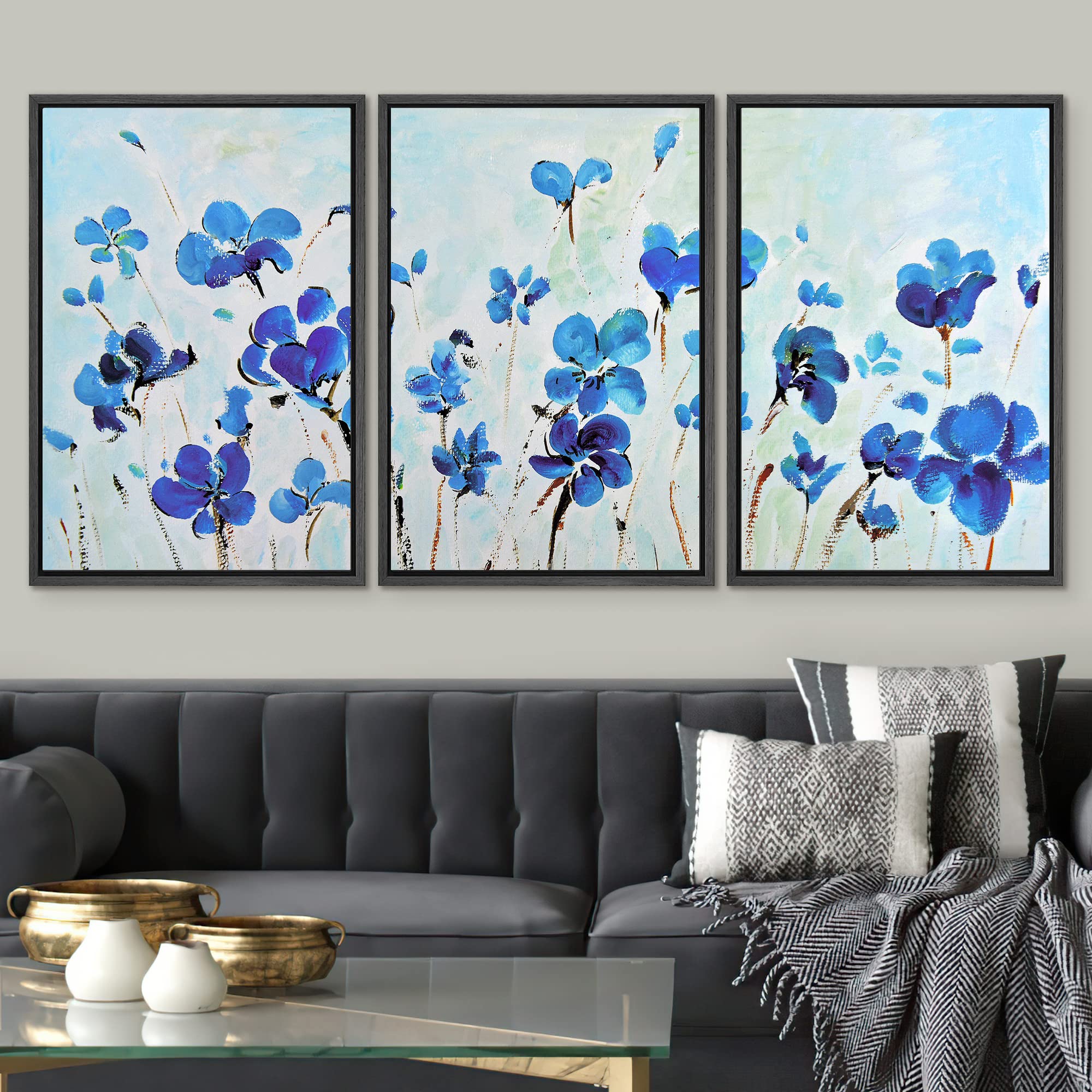 Signwin Framed Canvas Print Wall Art Set Pastel Blue Poppy Flower Wilderness Plants Illustrations Modern Art Farmhouse/Country L
