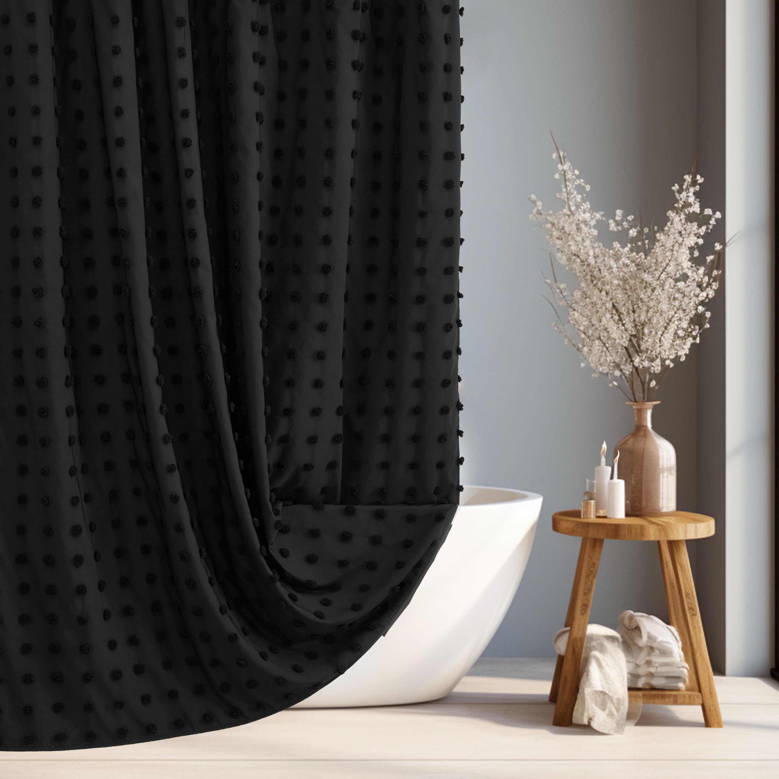 Siiluminisoy Extra Long Black Boho Shower Curtain Woven Fabric Cute Shower Curtain, 72 X 78 Tufted Pleat Floral Textured Modern