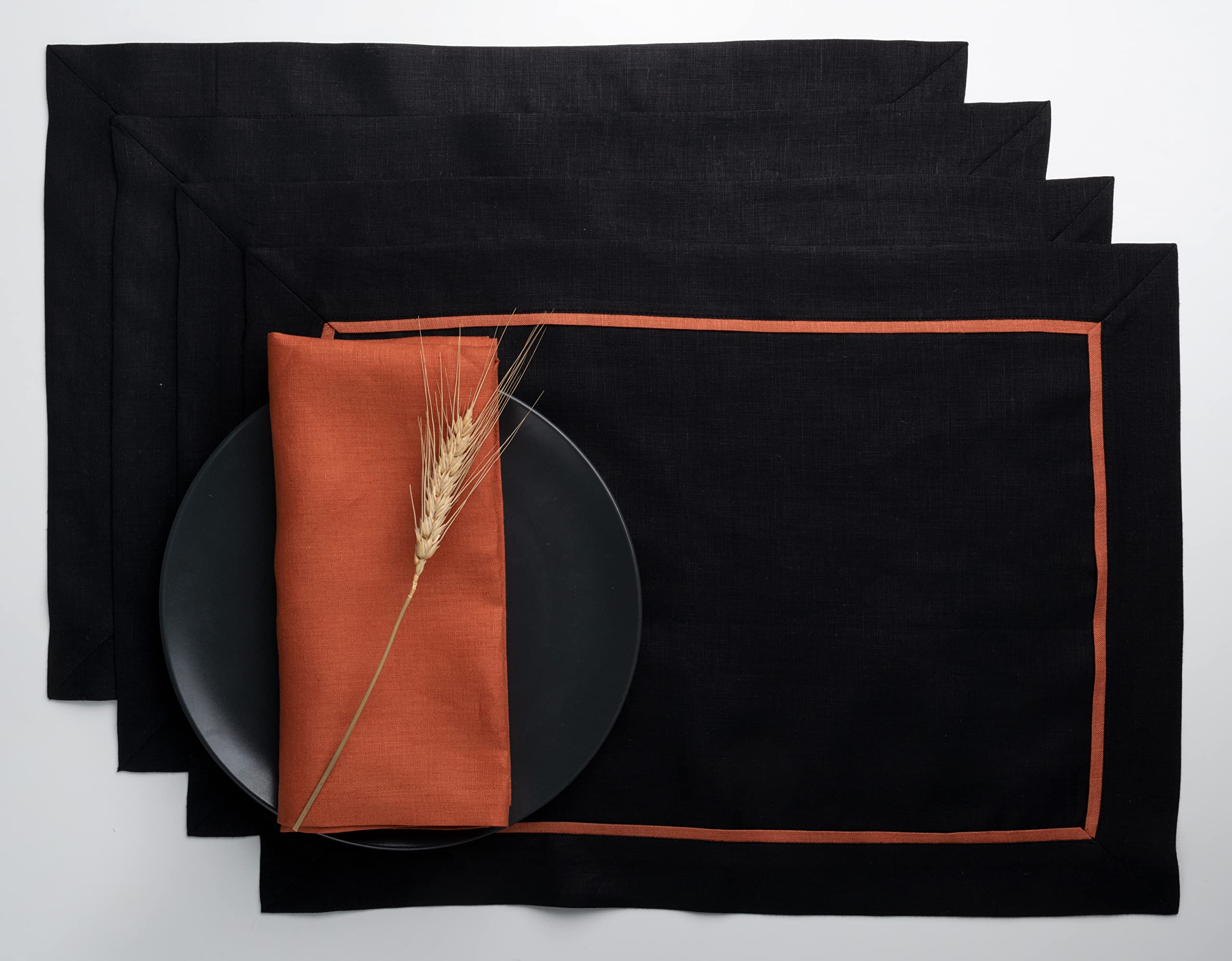 D'Moksha Homes Black Linen Placemats With Pumpkin Trim, Set Of 4-14 X 19 Inch, 100% Pure Linen Fabric Placemats Black & Pumpkin,