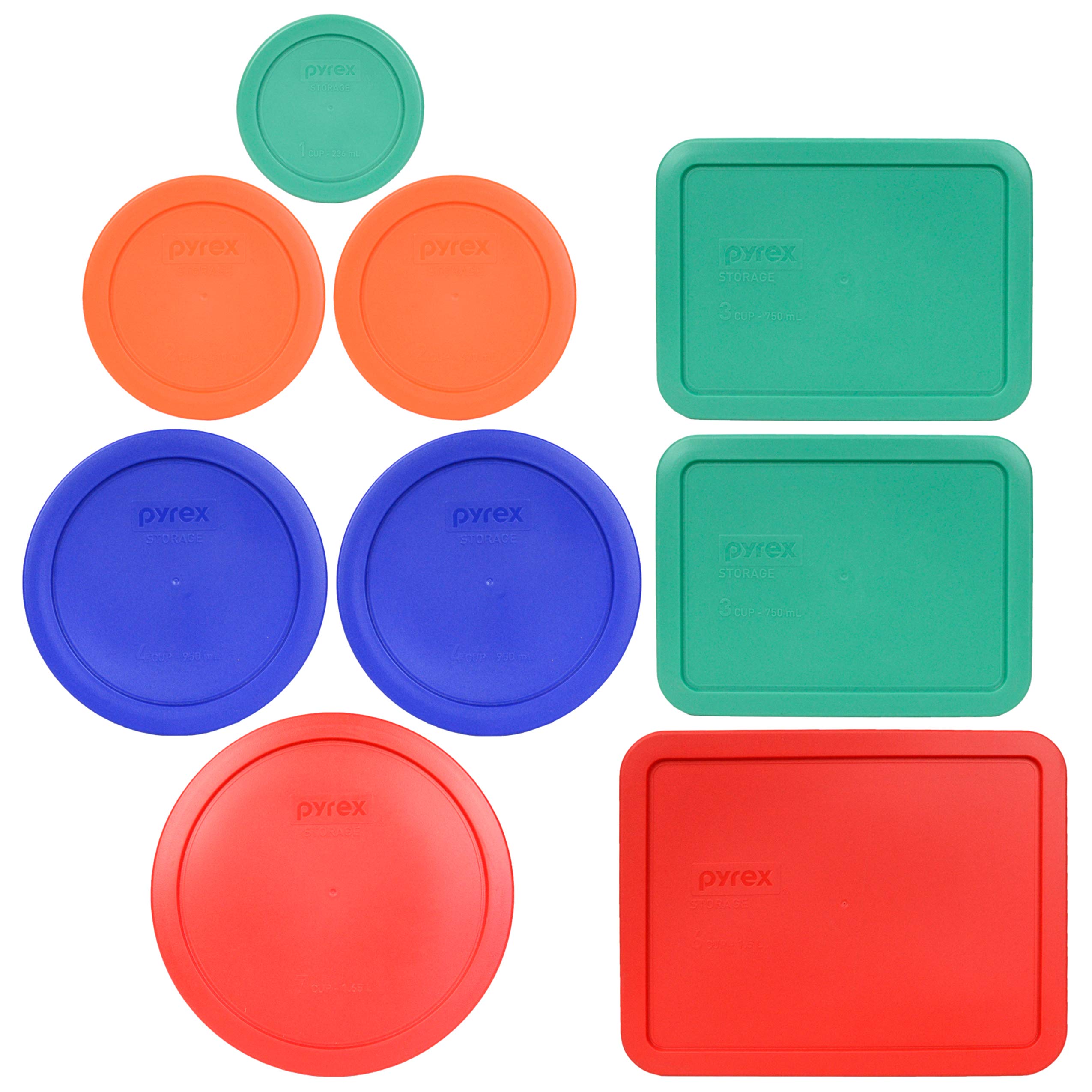 Pyrex (1) 7402-Pc 6/7 Red, (2) 7201-Pc 4 Cadet Blue, (2) 7200-Pc 2 Orange, (1) 7202-Pc 1 Green, (2) 7210-Pc 3 Light Green, & (1)