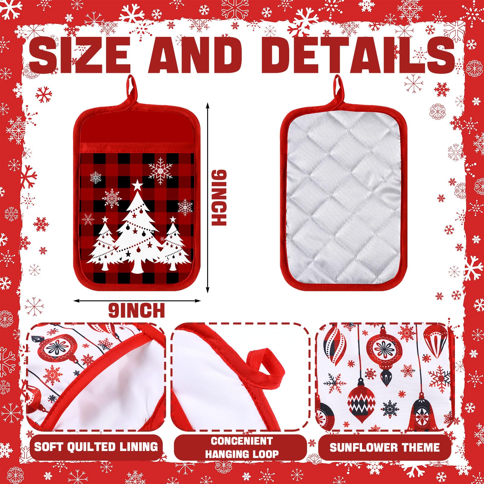 Jingmore 12 Pcs Christmas Pot Holders with Pocket Xmas Buffalo Plaid Pot Holders for Kitchen Winter Hot Pads Oven Mitt Cookie Ba