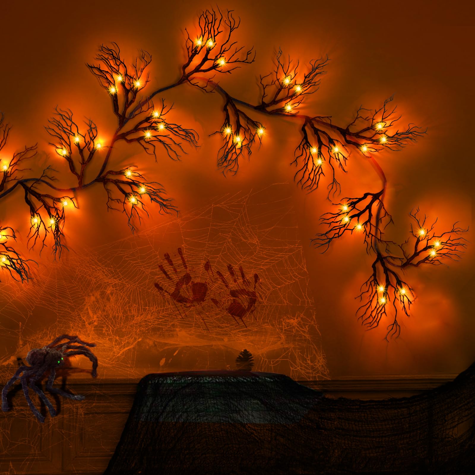 [ 8 Modes & Timer ] 6 Ft 45 LED Halloween Willow Vine Twig Garland Decorations with Orange Lights, Halloween Garland with Batter