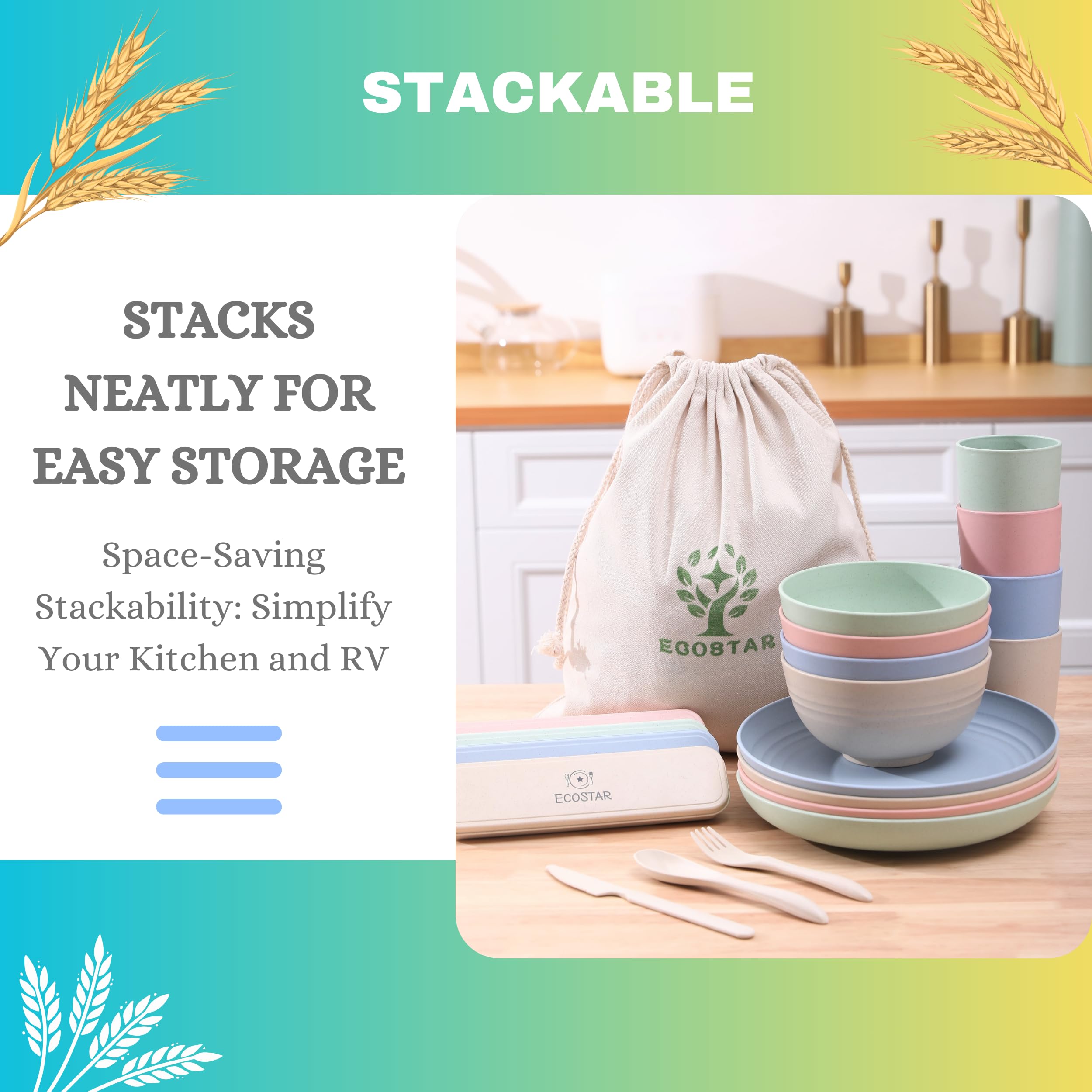 Ecostar Wheat Straw Dinnerware Sets, 28-Piece Kids Plates And Bowls Sets, Cutlery, Microwave Safe Unbreakable Dinnerware For Par