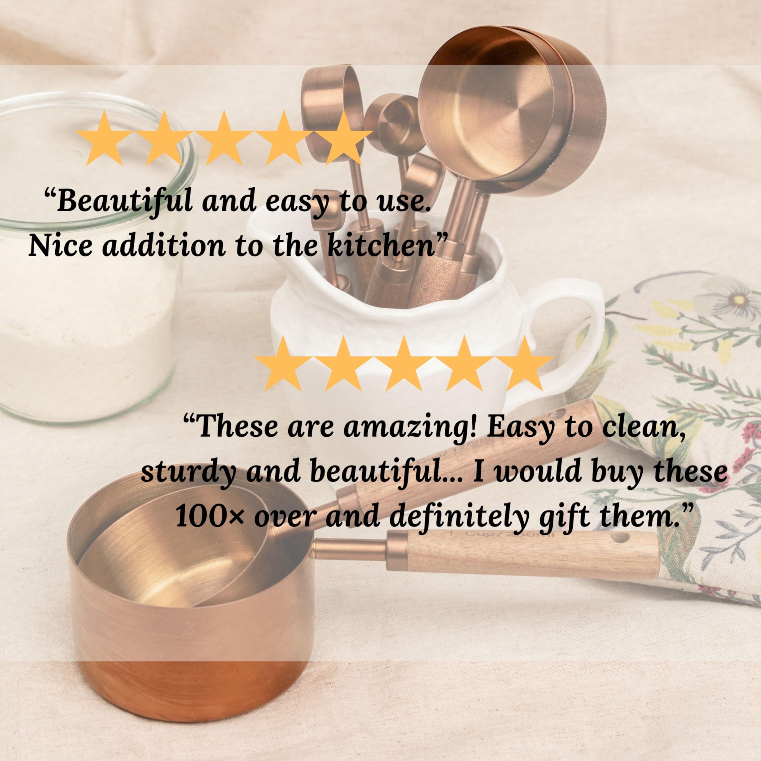 Copper Stainless Steel Measuring Cups And Spoons Set Of 8, Wooden Handle With Us Measurements, Metric Cups And Spoons For Cookin