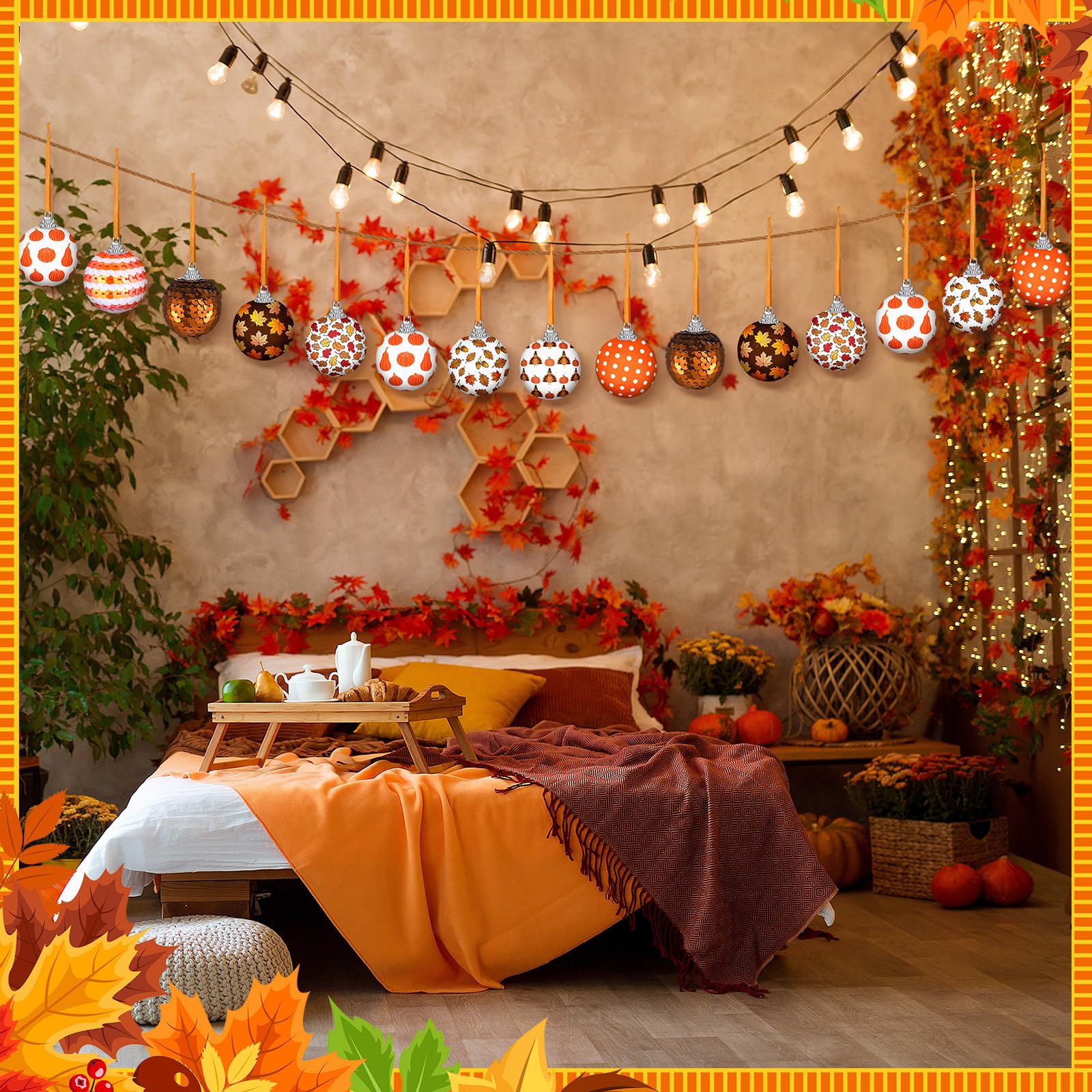 Blosssound 16 Pcs Thanksgiving Hanging Tree Ornaments 1.57 Inch Fall Decorations Autumn Ball Ornaments for Tree Thanksgiving Fal