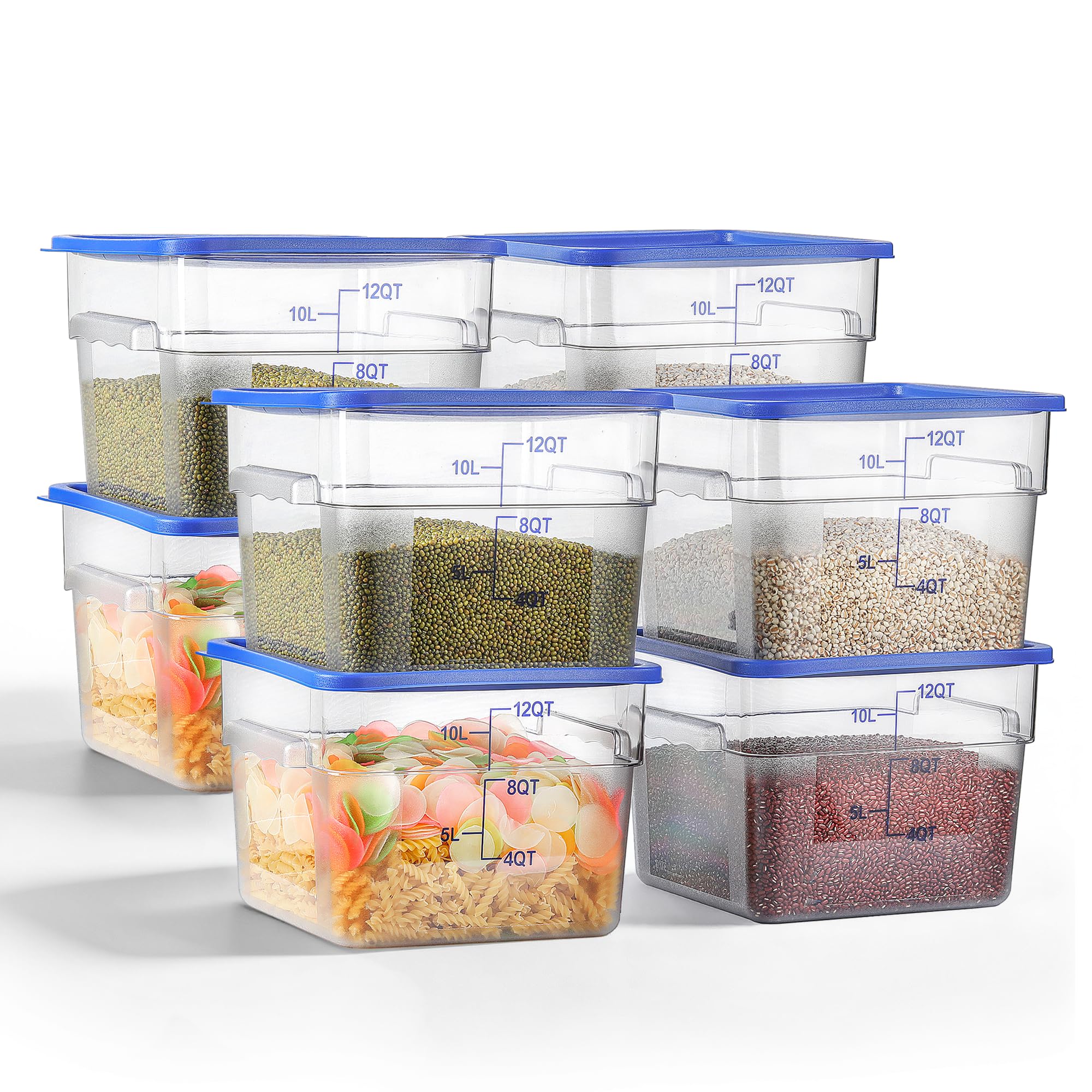 EGGKITPO 8 Pcs 12 QT Food Storage Container with Blue Lids, Handle BPAFree Polycarbonate Hot Cold Resistant Large Square Commer