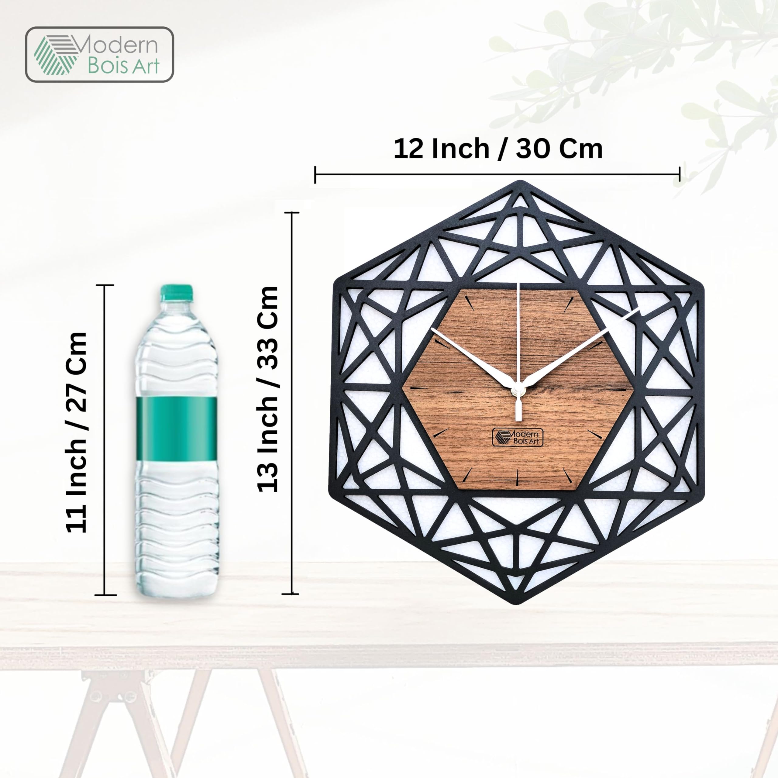 Modern Bois Art Antique Geometric Design Handmade Wood Wall Clock, Big Size Modern Analog Wall Clock For Home Decor (Black, And