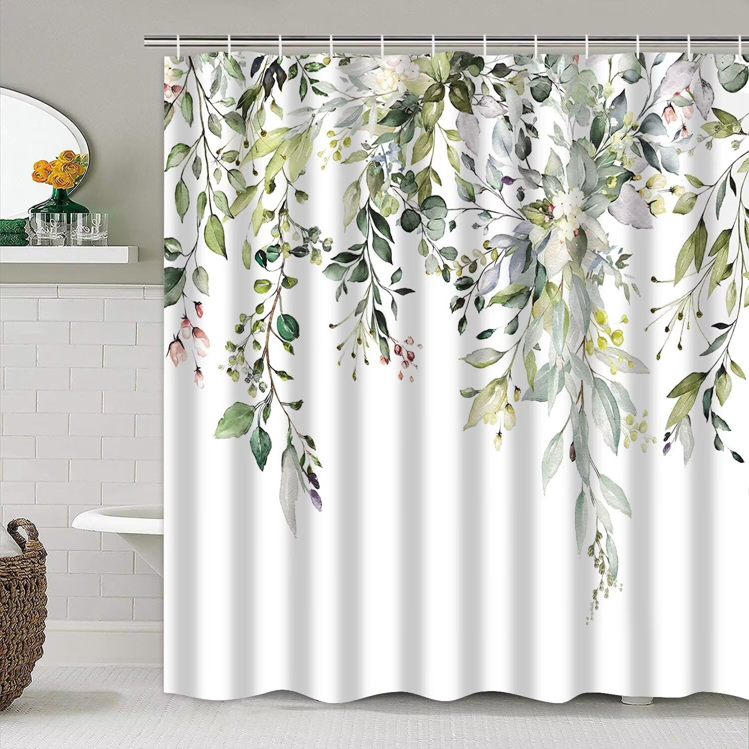 Azhm Sage Green Eucalyptus Plant Shower Curtain Set 4Pcs Watercolor Leaves Floral Bathroom Sets With Shower Curtain And Rugs, Fa