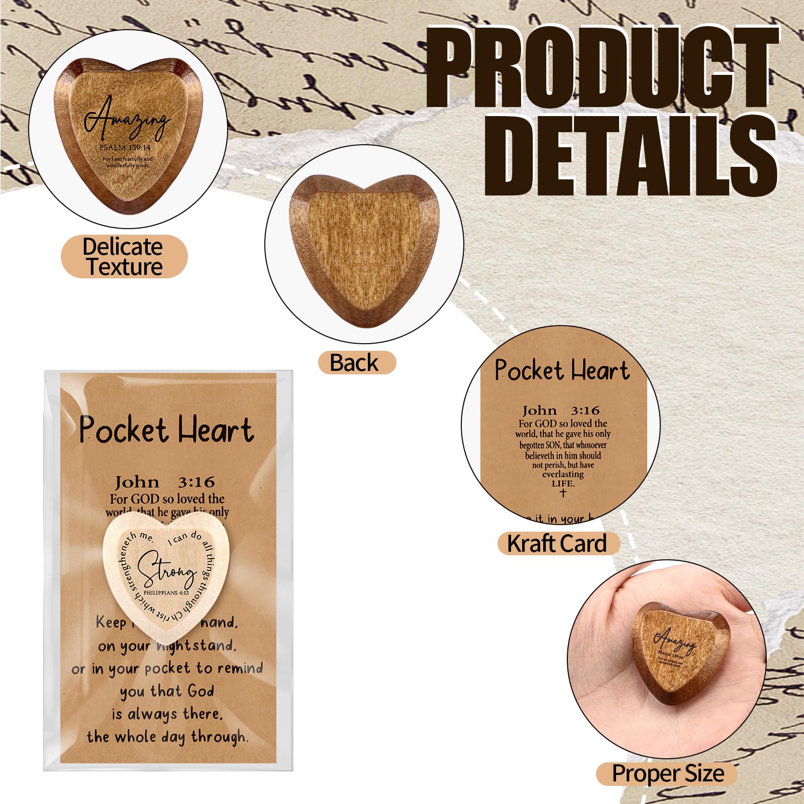 Yalikop 24 Set Inspirational Christian Party Favors Bulk Wood Religious Pocket Heart Thanksgiving Christian Gifts John 3: 16 Car