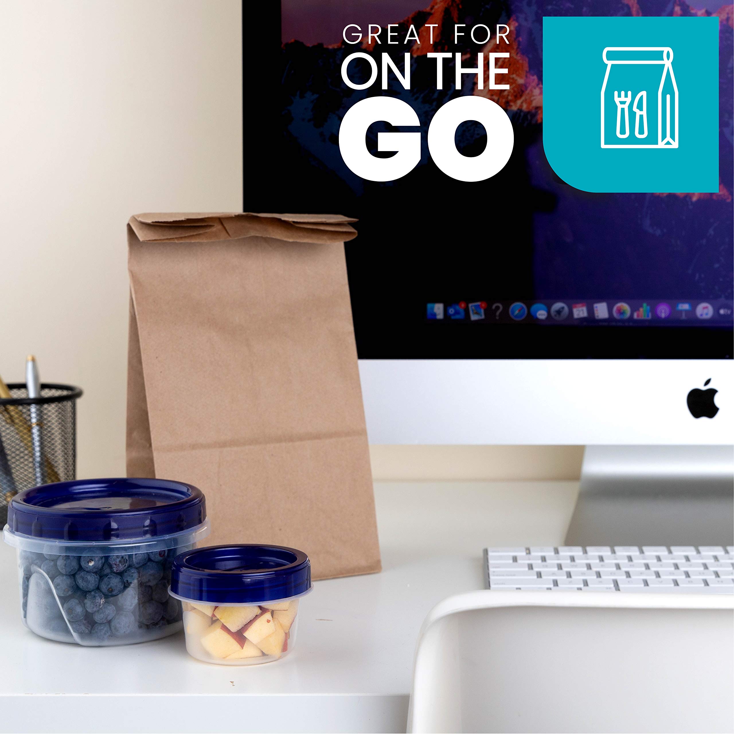 Plasticpro [16 Oz 5 Pack] Deli Containers Clear Bottom With Blue Top Twist On Lids Reusable, Stackable, Food Storage Freezer Con