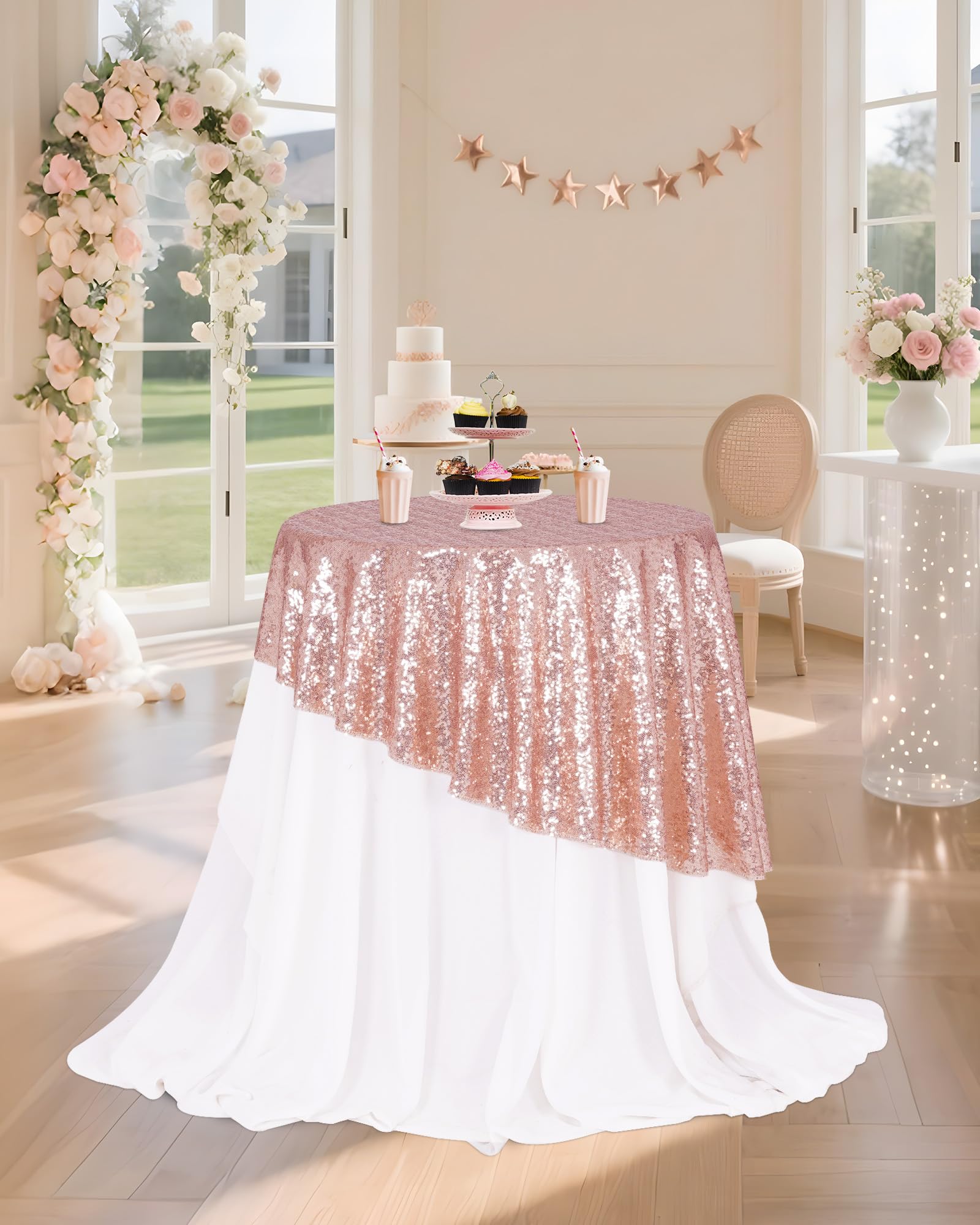 PartyDelight Sequin Tablecloth Round 50 inch Rose Gold for Wedding Party Birthday Bridal Baby Shower and Other Events Decoration