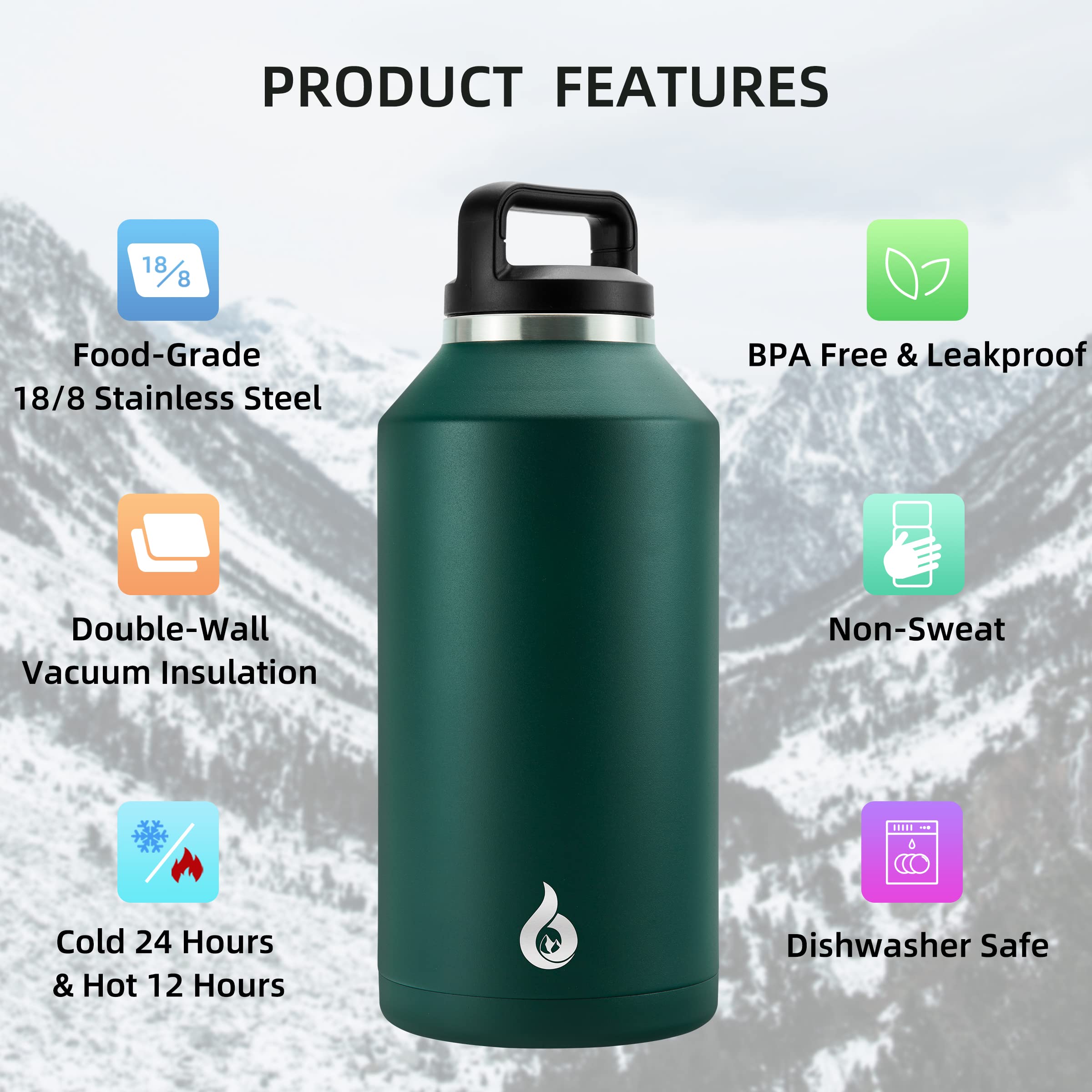 Bjpkpk Half Gallon Water Bottle Insulated, Dishwasher Safe 64 Oz Water Bottle With Handle, Leakproof Bpa Free Water Jug, Large S