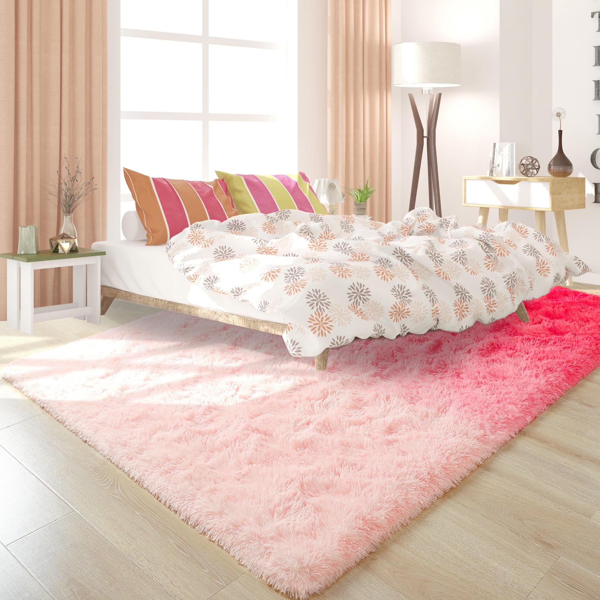 Noahas 4x6 Fluffy Kids Rugs for Room,Soft Red and PinkTie-Dyed Rainbow Rug for Girls Bedroom,Soft Colorful Playroom Shag Nursery