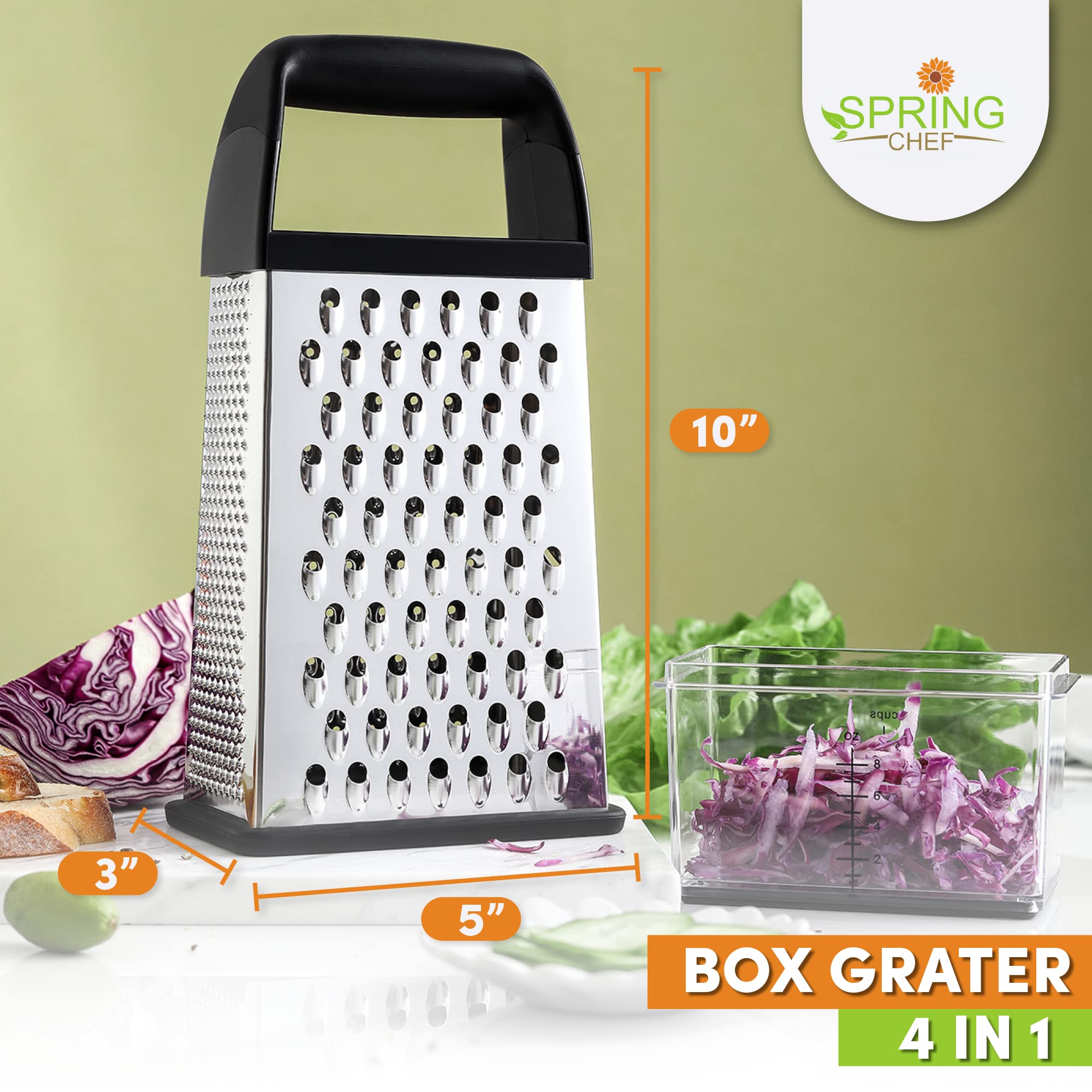Spring Chef Professional 10 '' Parmesan Cheese Grater With Container, Stainless Steel & Soft Grip Handle, 4 Sided Kitchen Cheese