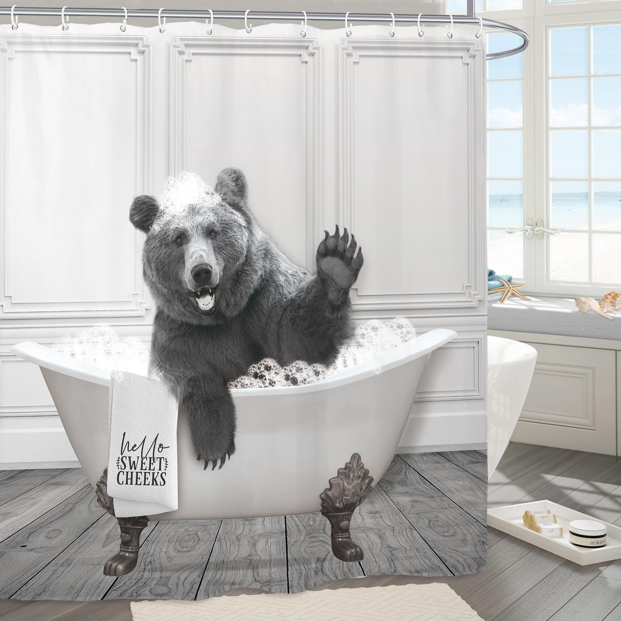 Yookeb Funny Bear Bathroom Shower Curtain 71W By 71H Inch Animal Farmhouse Cabin Hello Sweet Cheeks Rustic Polyester Fabric 12 P