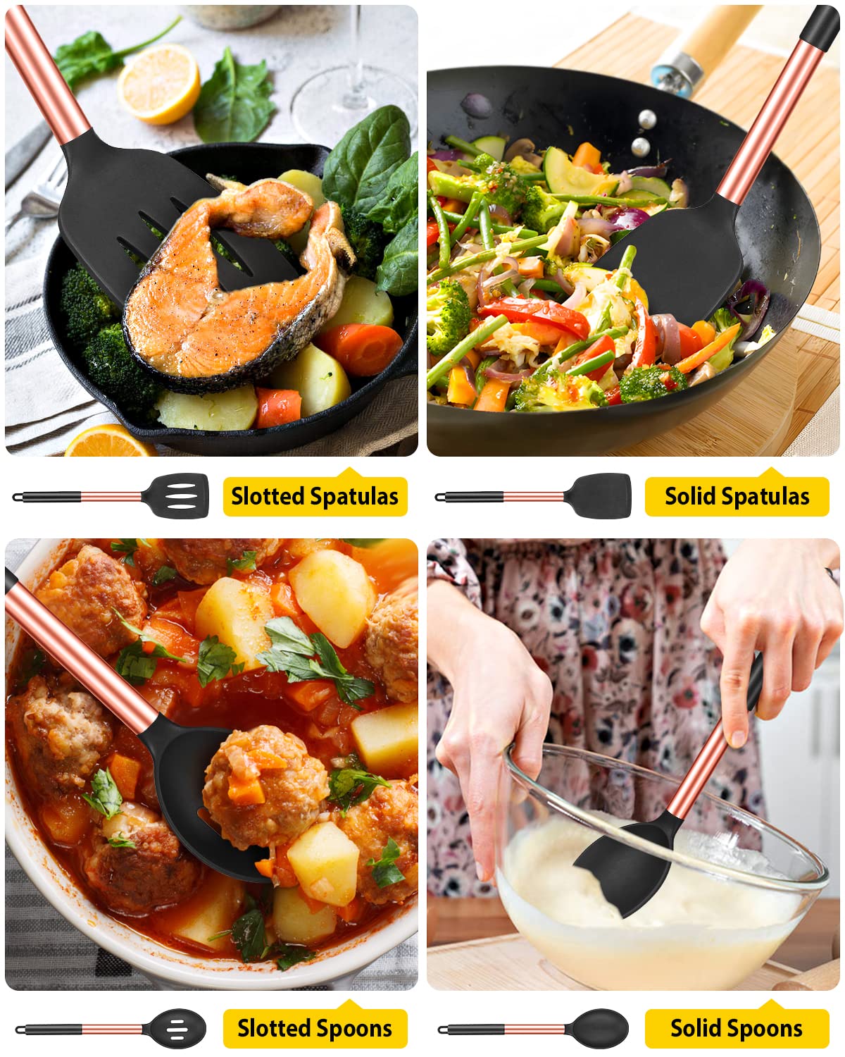 Pack of 4 Silicone Cooking Utensils Set  Non Stick Large Solid Spatulas  Heat Resistant Rose Gold Black Slotted Spoons  Ideal BPA Free Kitchen Turners for Frying  Mixing Serving Draining Turning