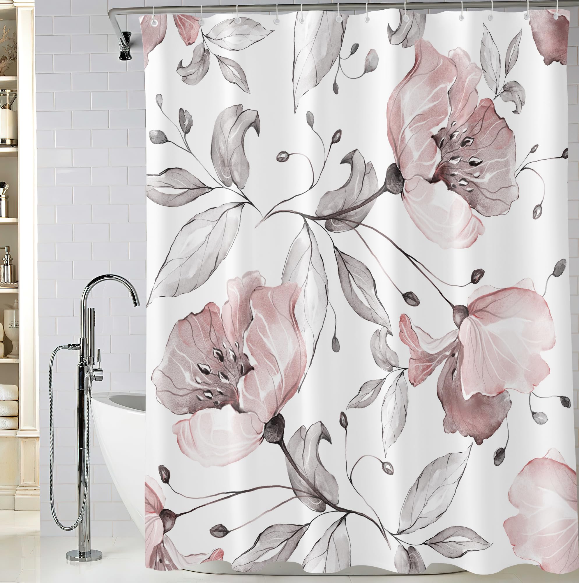 Bivinar Extra Long Pink And White Floral Shower Curtain 72 X 84 Inch, Watercolor Flower Bathroom Shower Curtain, Fabric Waterpro