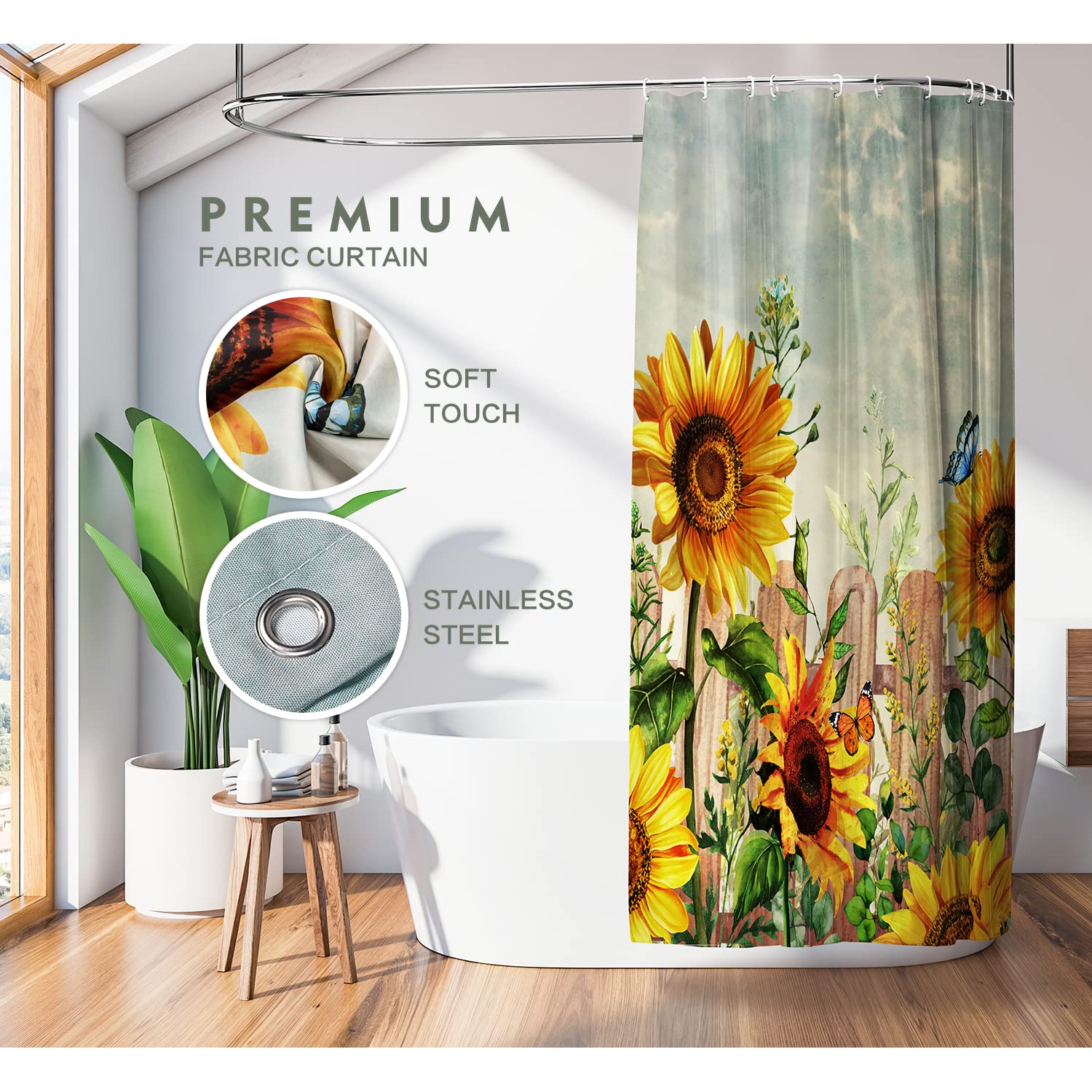 Lokigo Sunflower Shower Curtain Farmhouse Shower Curtains For Bathroom Yellow Floral Rustic Bathroom Shower Curtain Waterproof F