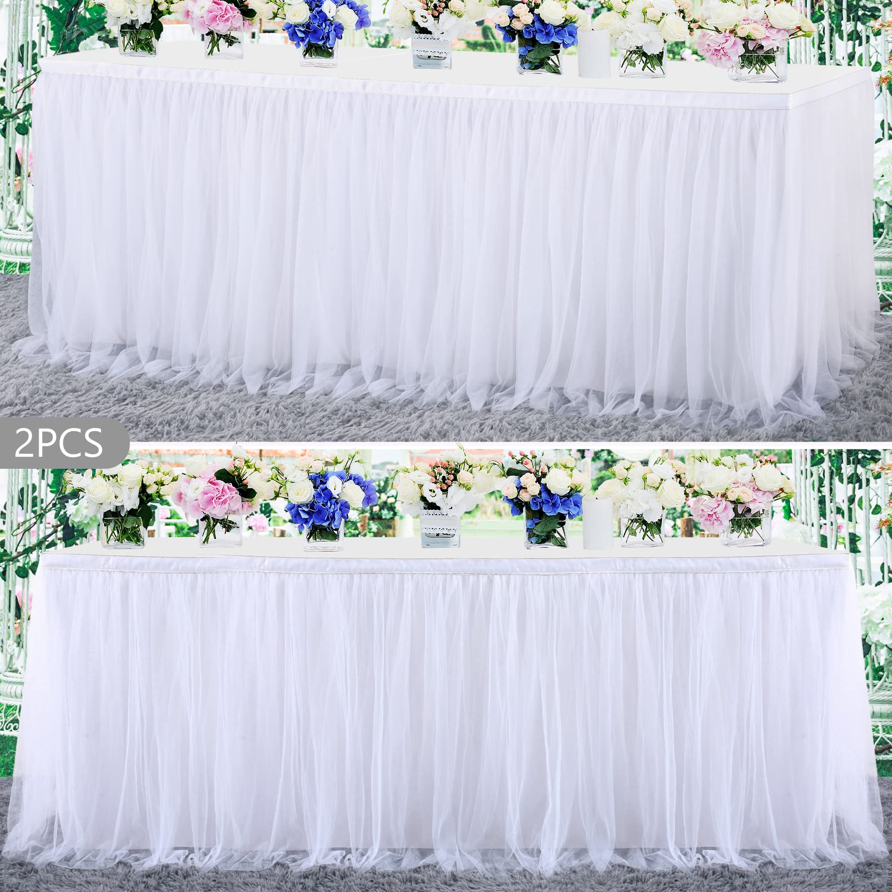 2 Pack 6Ft White Tulle Table Skirts For Wedding Bridal Shower White Ruffle Tutu Tablecloth For Baby Shower Birthday Party Banque
