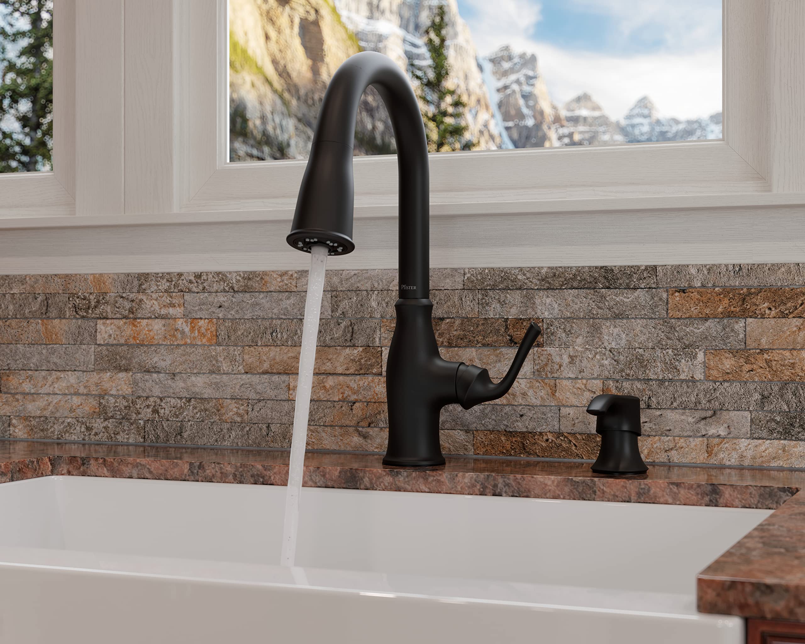 Pfister Rosslyn Kitchen Faucet With Pull Down Sprayer And Soap Dispenser, Single Handle, High Arc, Matte Black Finish, F5297Rssr
