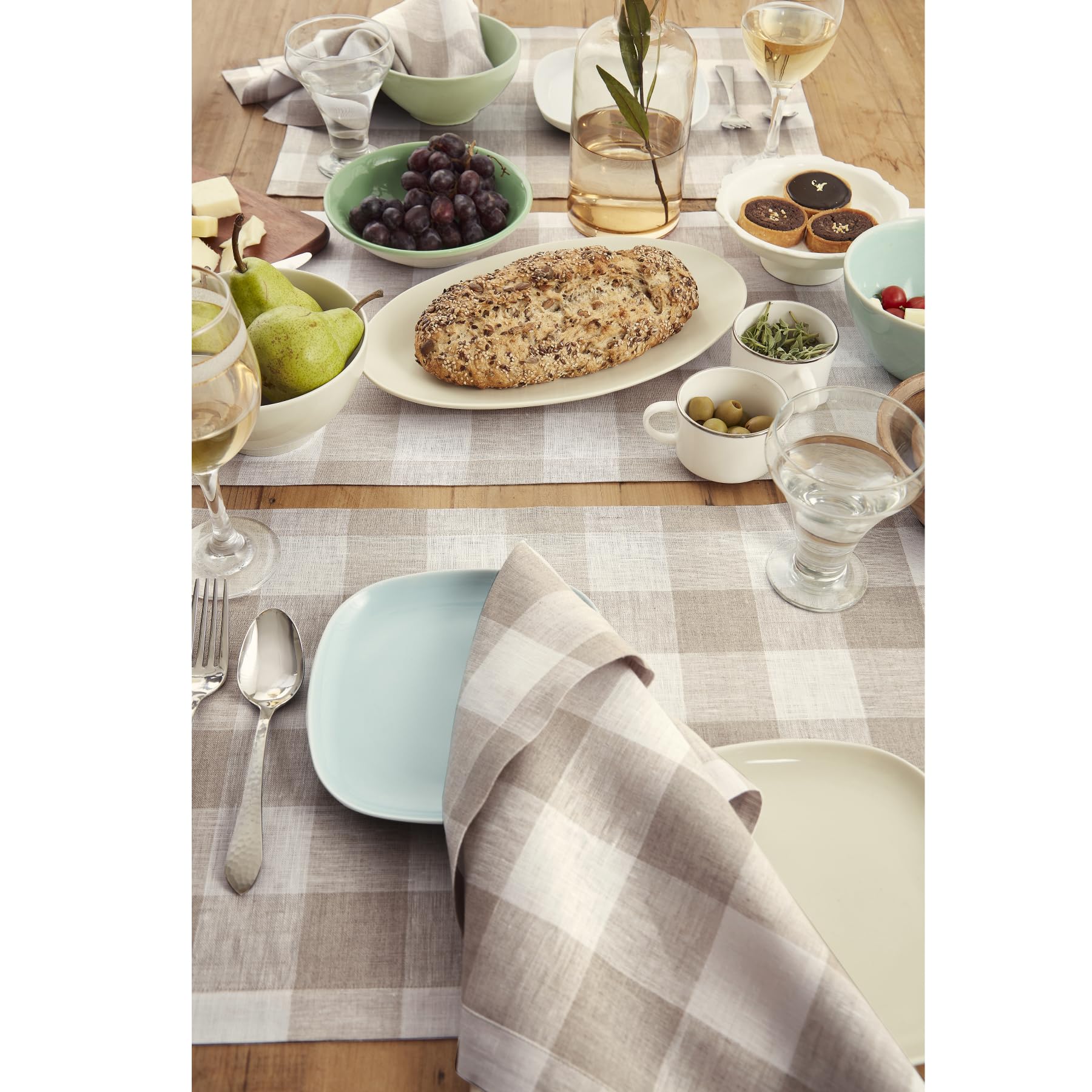 Solino Home Buffalo Check Linen Placemats Set Of 4 - 100% Pure Linen Natural And White Plaid Placemats 19 '' L X 14 '' W Inch -