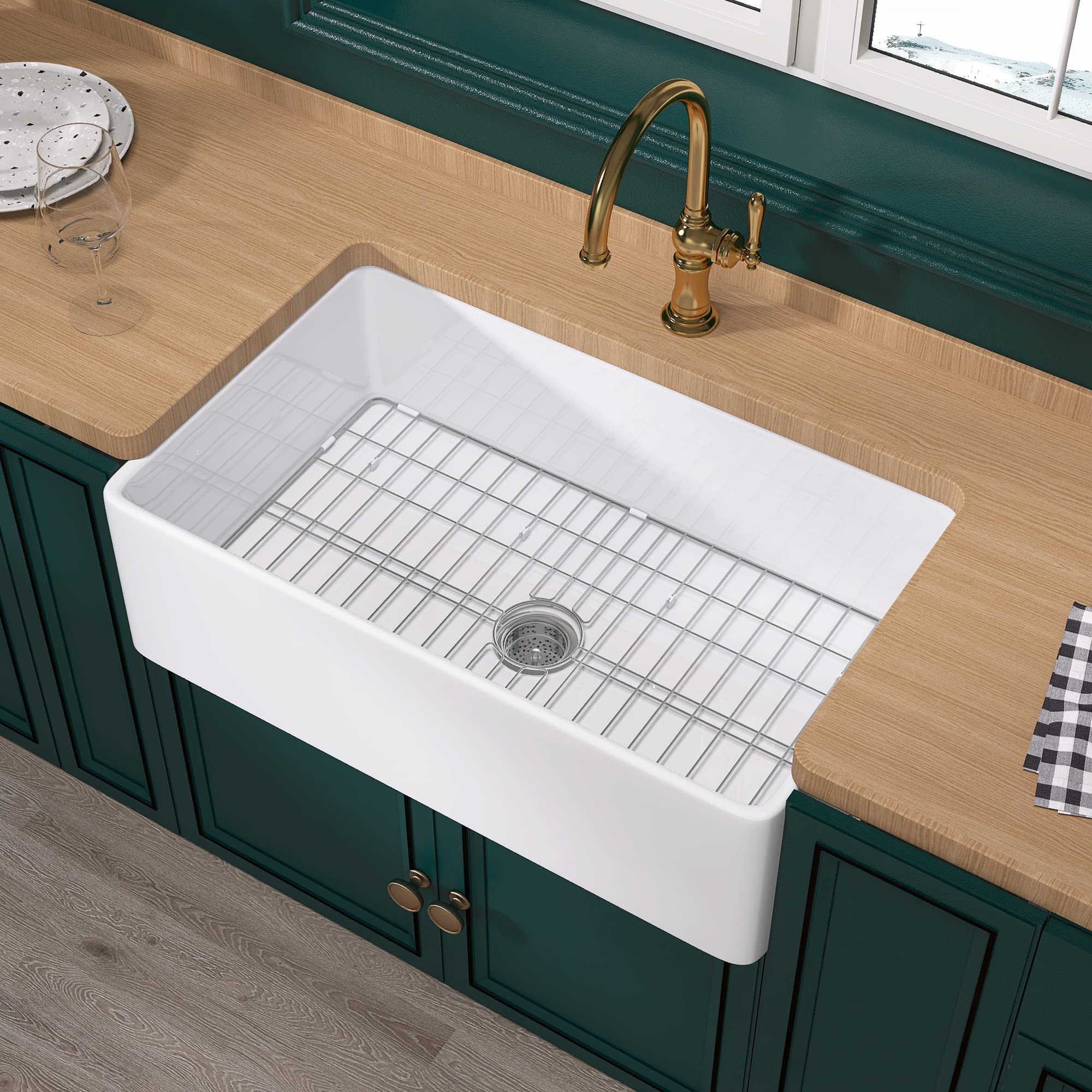 Miuara Farmhouse Sink 33 Inch - White Apron Front Kitchen Sink Reversible 33x20x10, Undermount Installation, Farm House Style Si