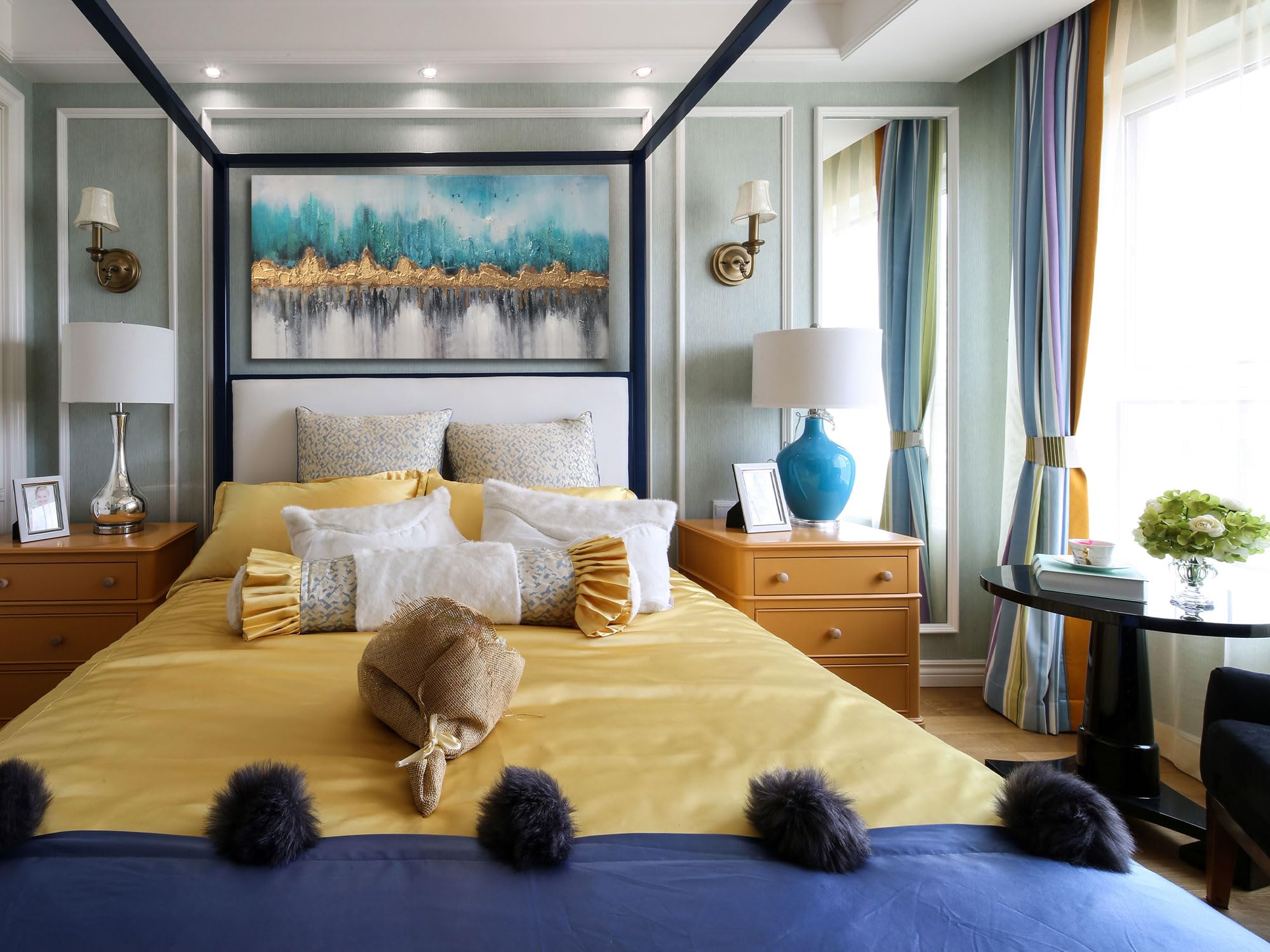 Ardemy Teal Mountain Abstract Canvas Wall Art Nature Gold Scenery Painting Modern Blue Landscape Turquoise Panoramic Picture Lar