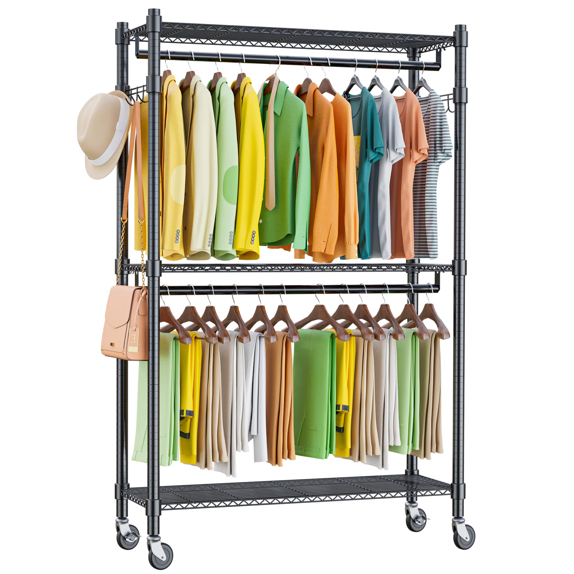 Homdox Double Rod Closet 3 Shelves Wire Shelving Clothing Rolling Rack Heavy Duty Garment Rack With Wheels And Side Hooks