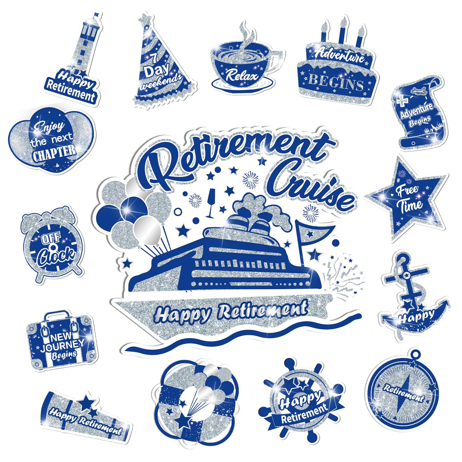 Happy Retirement Cruise Door Magnet Decorations,Blue Silver Happy Retirement Cruise Ship Door Decor Magnetic For Women Men Retir
