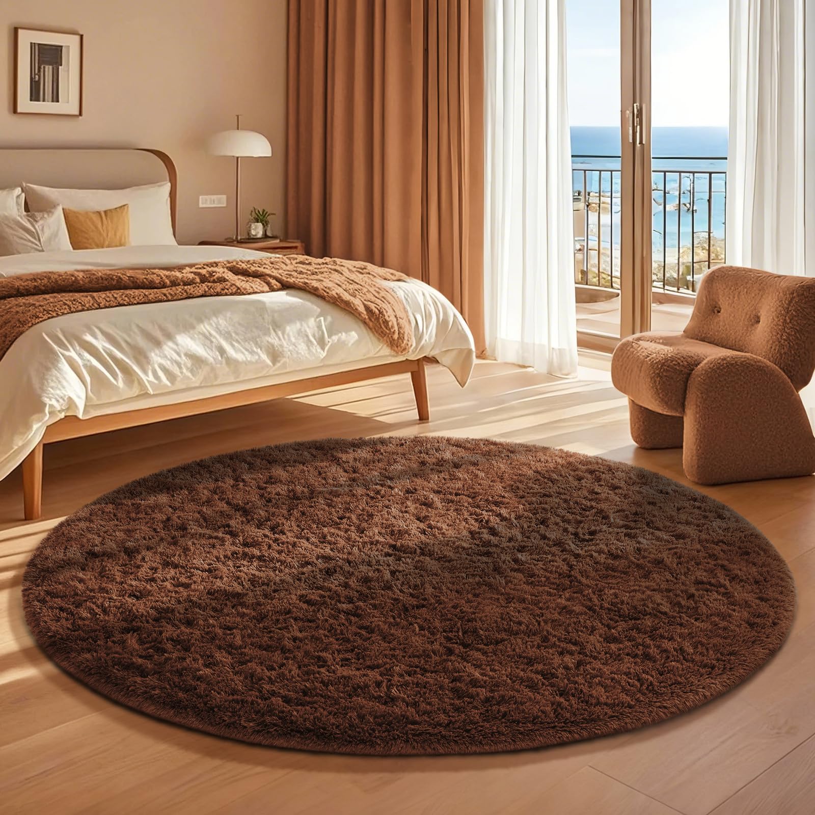 Ophanie Round Rug 4Ft Brown Circle Area Rug, Fluffy Fuzzy Small Bedroom Carpet, Plush Soft Shaggy Floor Living Room Circular Chr
