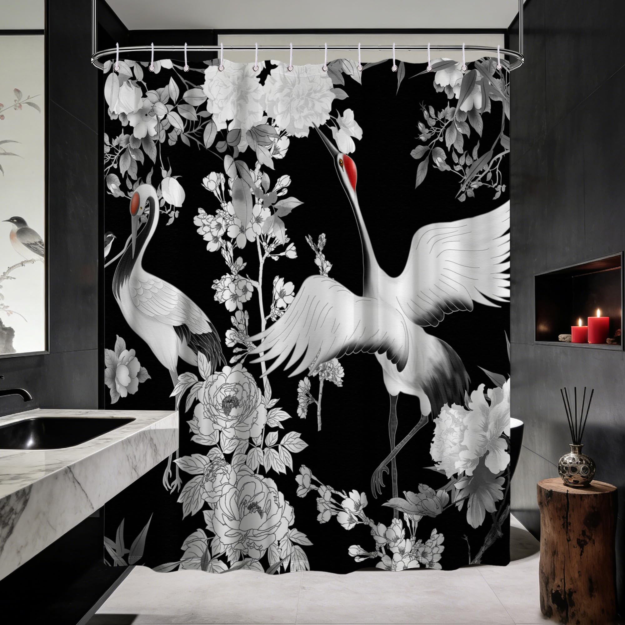 Dltay Japanese Shower Curtain Black And White Crane Shower Curtains For Mens Bathroom Decor, Waterproof Fabric Set With Hooks, 7